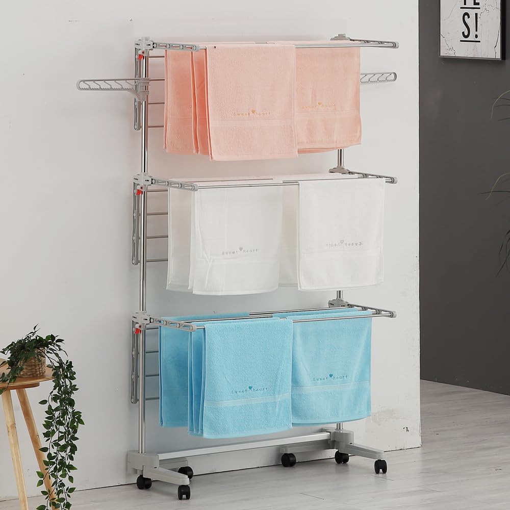DOLEEFUN Foldable Drying Rack with Wheels - 48 Drying Rods, Heavy Duty, Movable, Perfect for Clothes, Duvet, Socks, Bed Linen, Sheets, 6 Wings