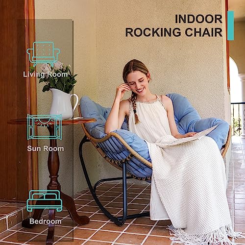 SWITTE Outdoor Rocking Chair, Patio Egg Rocking Chair, Indoor Papasan Chair, Rattan Wicker Lounge Chair, Comfy Modern Royal Chair for Bedroom, Living Room, Porch, Garden, Lawn-Blue