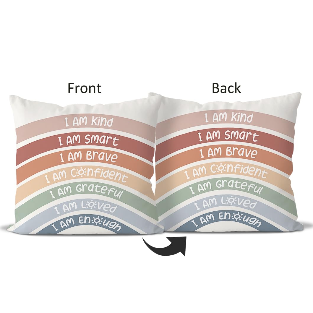 QIYUHOY Classroom Reading Corner Boho Rainbow Decor Throw Pillow Covers, Book Center Calming Corner Home Bedroom Playroom Decor Pillow Case, 18x18 Inch Pillowcase