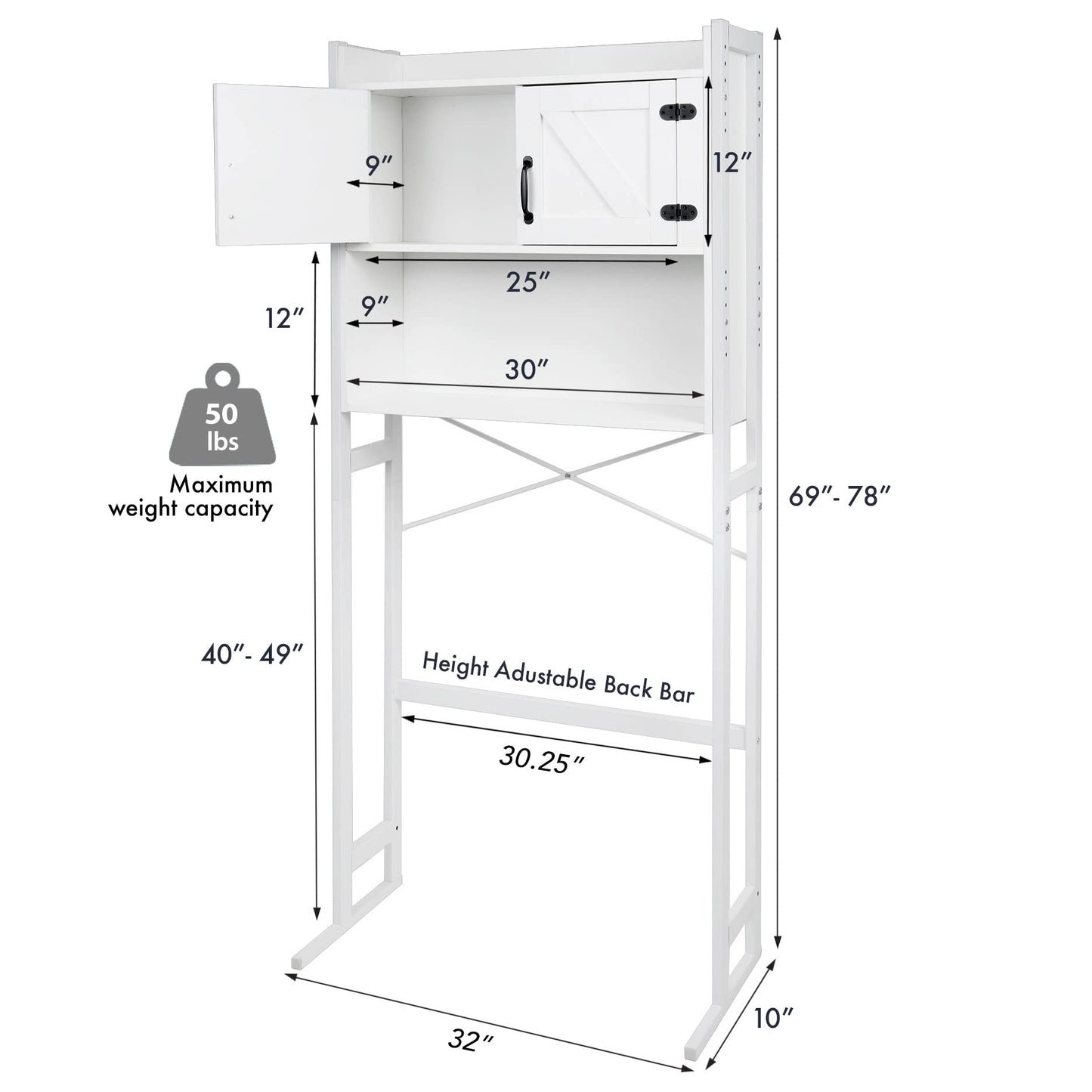 Stephan Roberts Washer or Over The Toilet Storage Cabinet w/Height Adjustable Shelf Laundry Room/Bathroom Organizer, 2-Door Freestanding Rack Space Saver, White