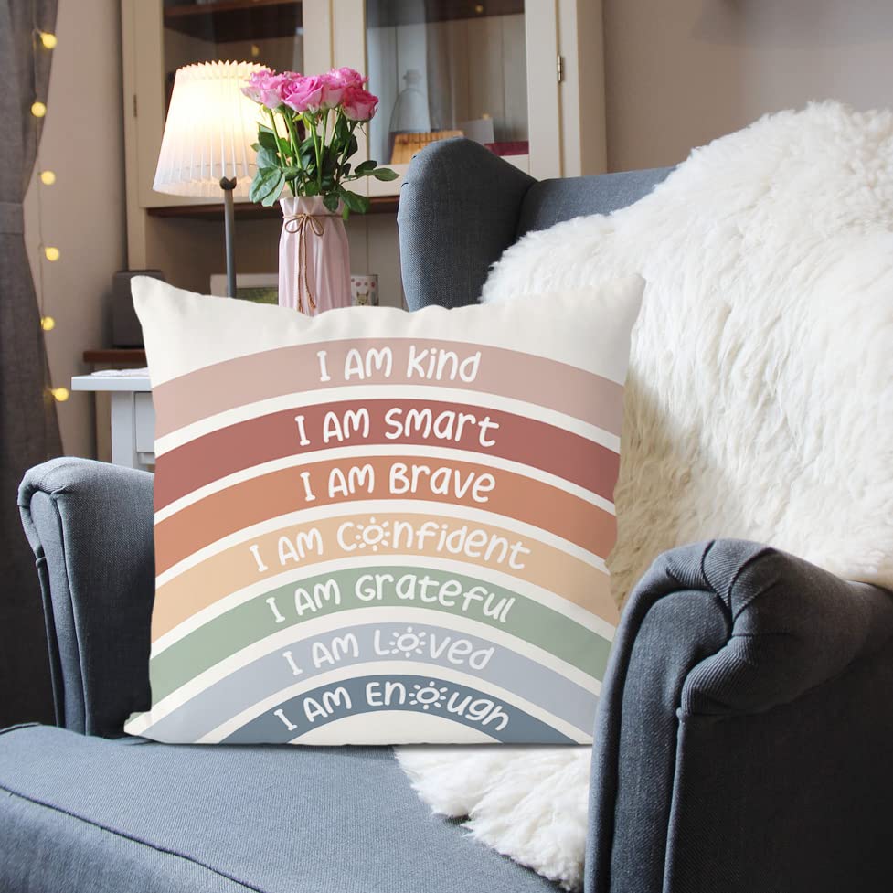 QIYUHOY Classroom Reading Corner Boho Rainbow Decor Throw Pillow Covers, Book Center Calming Corner Home Bedroom Playroom Decor Pillow Case, 18x18 Inch Pillowcase
