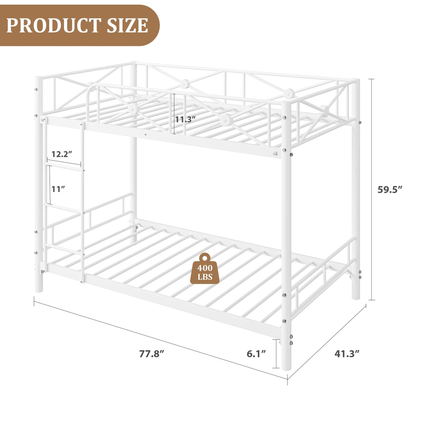 IDEALHOUSE Metal Bunk Bed Twin Over Twin, Modern Heavy Duty Bunkbeds with Safety Guard Rails & Space-Saving Design, Steel Twin Bunk Beds for School, Bedroom, White
