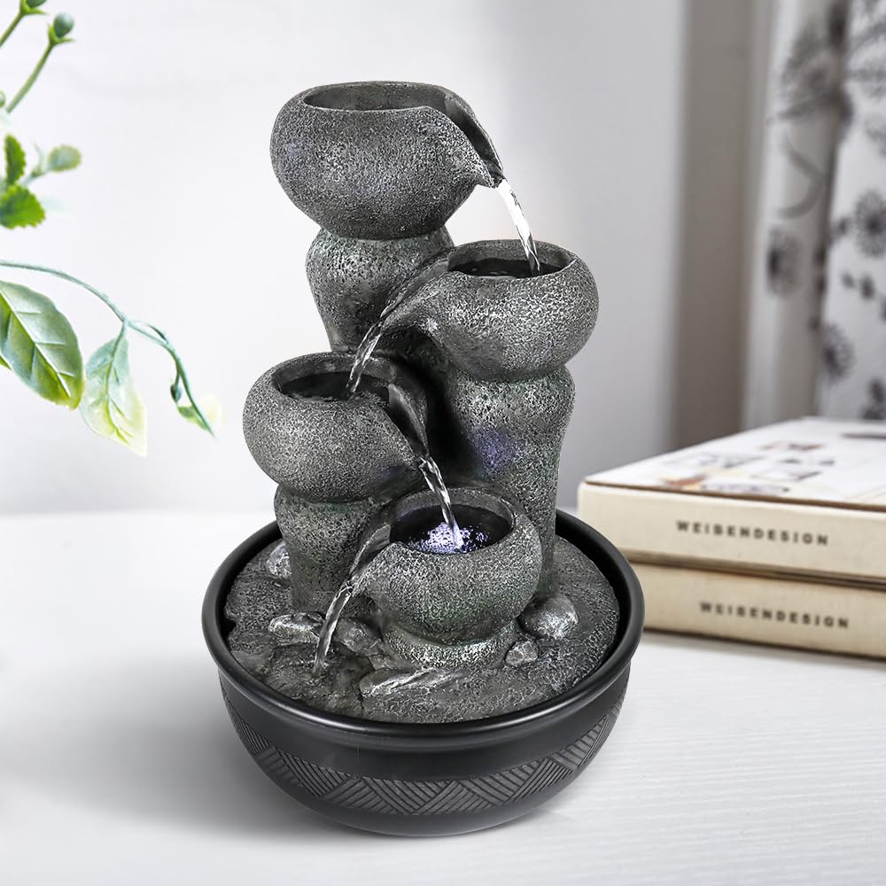 chillscreamni Large Indoor Water Fountain - 15.7”5-Step Relaxation Waterfall Feature with LED Light&Soothing Water Sounds for Office, Room Decor, Portable Feng Shui Tabletop Fountain Indoor Outdoor