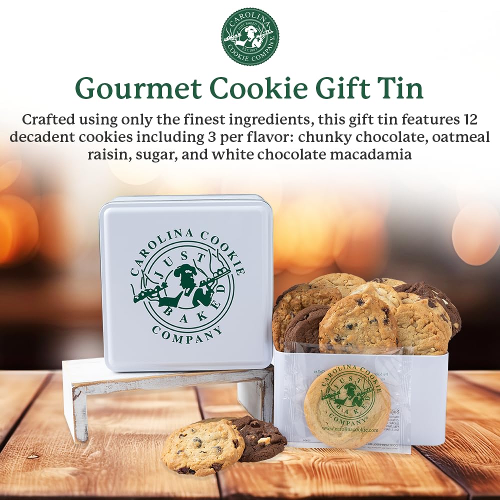 Fresh Baked Gourmet Cookie Gift Tin by Carolina Cookie Company, Delicious Cookie Gifts, Handmade, Shipped & Delivered, Assorted Cookies for Christmas, Birthdays, Gift-Giving, Corporate Gift, Fresh Cookie Delivery: 12 Count