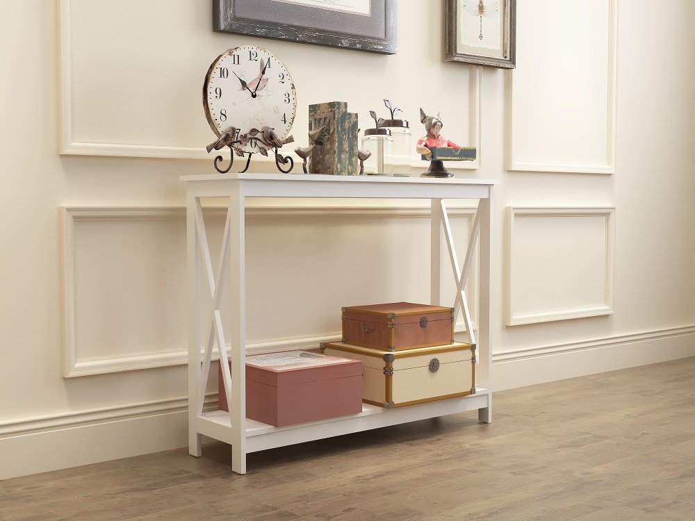 eHomeProducts White Finish 3-Tier X-Design Occasional Console Sofa Table Bookshelf