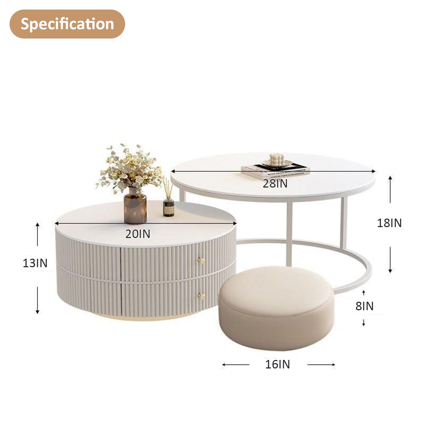 Kadaligh Nesting Coffee Table Set of 2 with Leather Stool - Ivory Wood Circle Embossed Design Coffee Table with 2 Drawers - Round Table with Baking Paint Frame