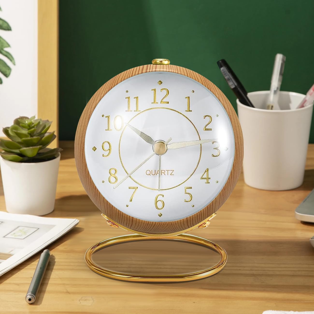 Tetino Small Clock,Alarm Clocks with Snooze Night Light,Battery Operated,no Ticking Sound,for Bedroom,Living Room,Kitchen,Cupboard,Desk,Shelf,Office,Decor,Retro Analog Clocks. (Light Colour)