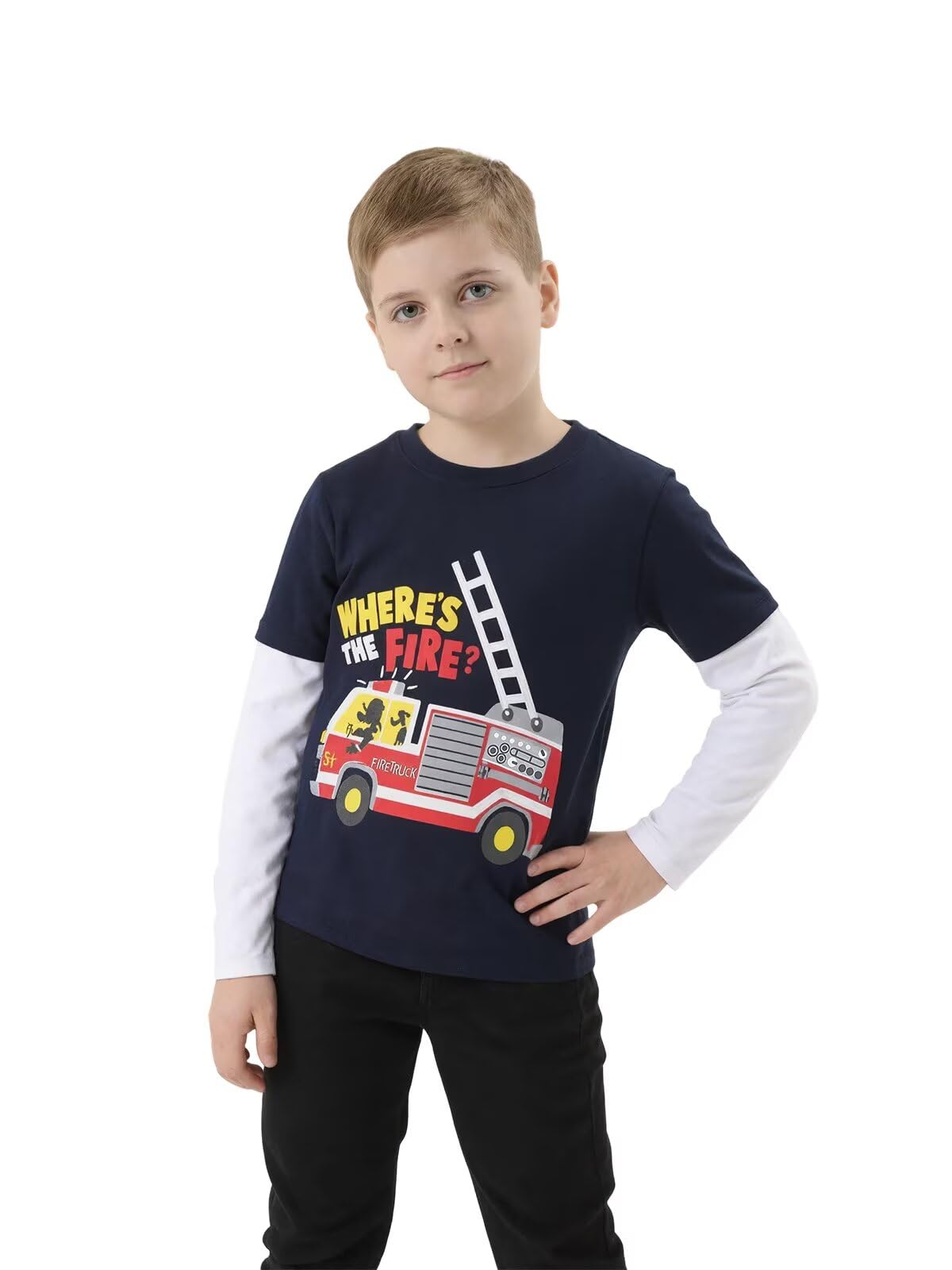 Lollisy Boys Long Sleeve Tshirts Casual Cotton Shirts Graphic Crewneck Tops Tee Shirts for Boys 3 Pack Dinos Car Size 6/6T