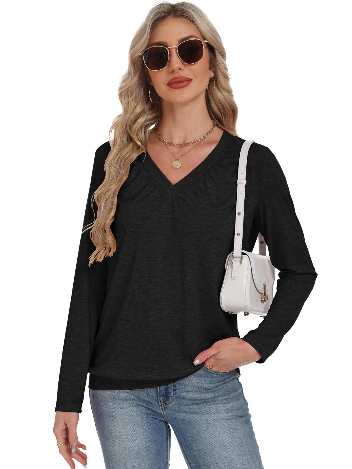 AIZHINENG 2 Pack Women Tops Long Sleeve Shirts V Neck Loose Fit Soft Casual Solid Color T-Shirts Fall Clothing