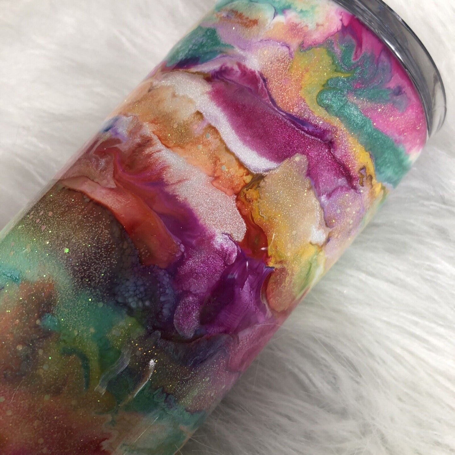 20 Ounce Tumbler Hand-Painted Pinks Pearl Teal Yellow Lid And Straw