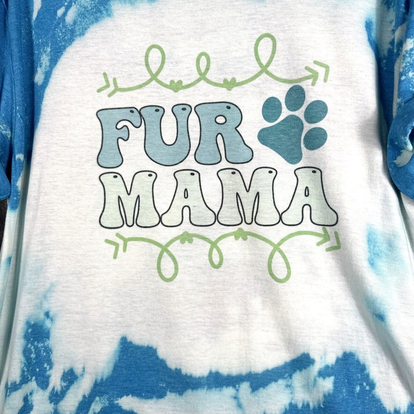 Women’s Dog Mom T Shirt “Fur Mama” Dog Lovers Blue Tye Dyed Shirt Adult Large