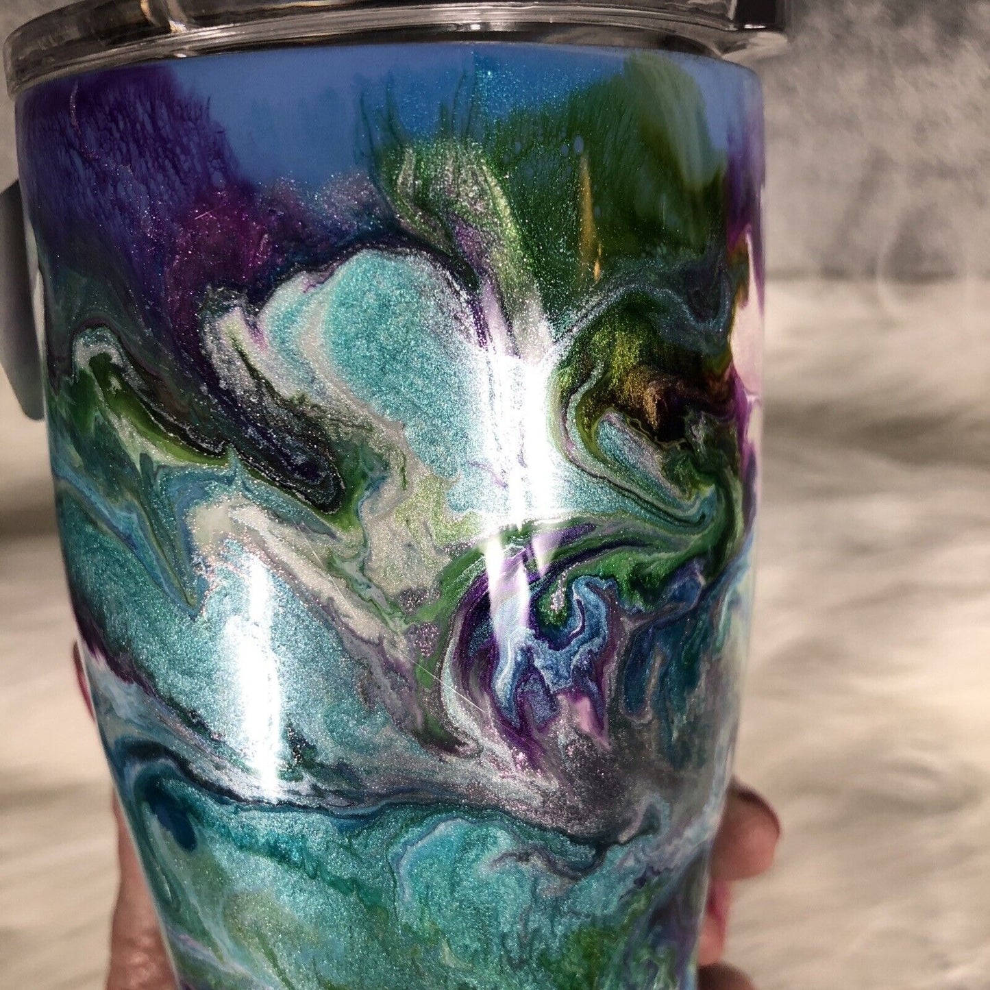 24 Ounce Tumbler Hand-Painted Blues Purples Pearl Green Lid And Straw