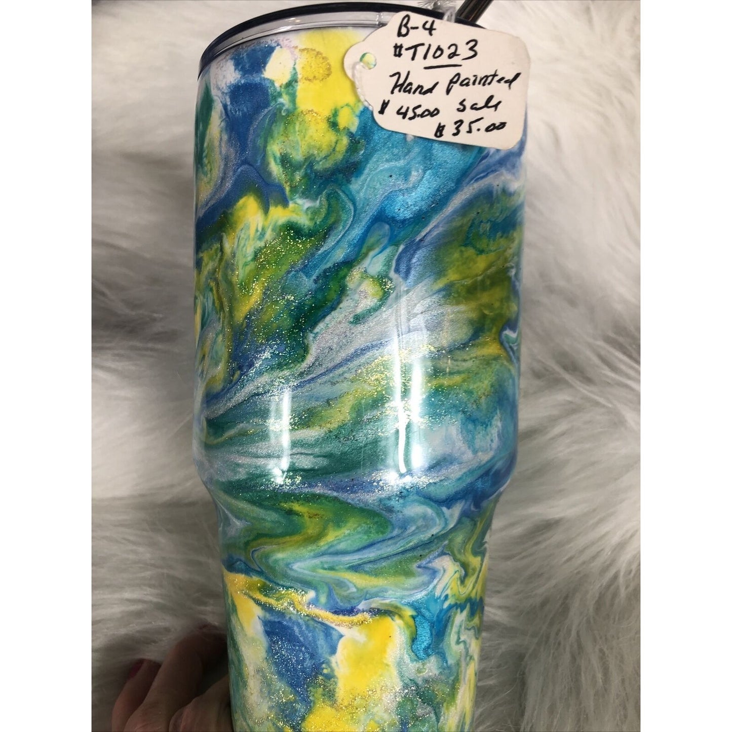 32 Ounce Tumbler Hand Painted Teal’s Blues Yellows Pearls & Glitter Lid Custom