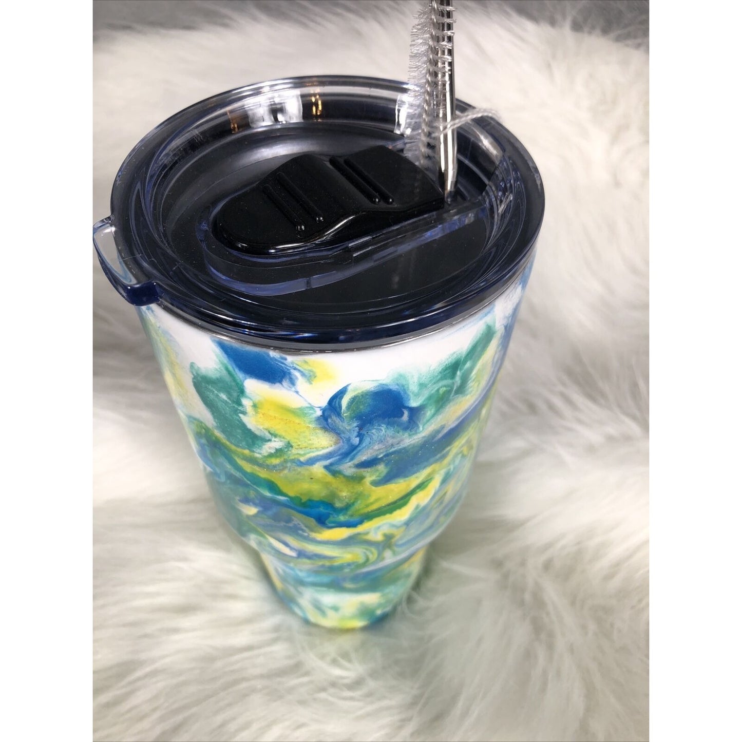 32 Ounce Tumbler Hand Painted Teal’s Blues Yellows Pearls & Glitter Lid Custom