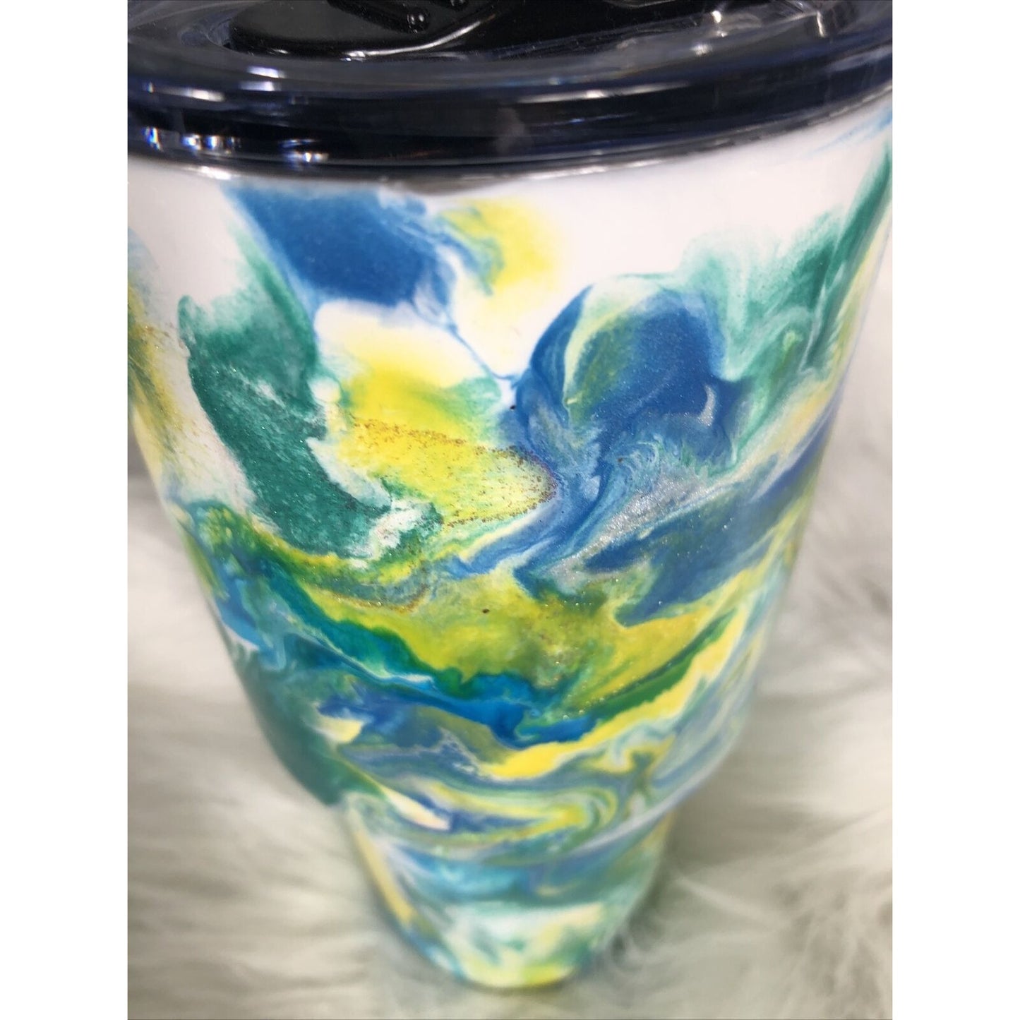 32 Ounce Tumbler Hand Painted Teal’s Blues Yellows Pearls & Glitter Lid Custom