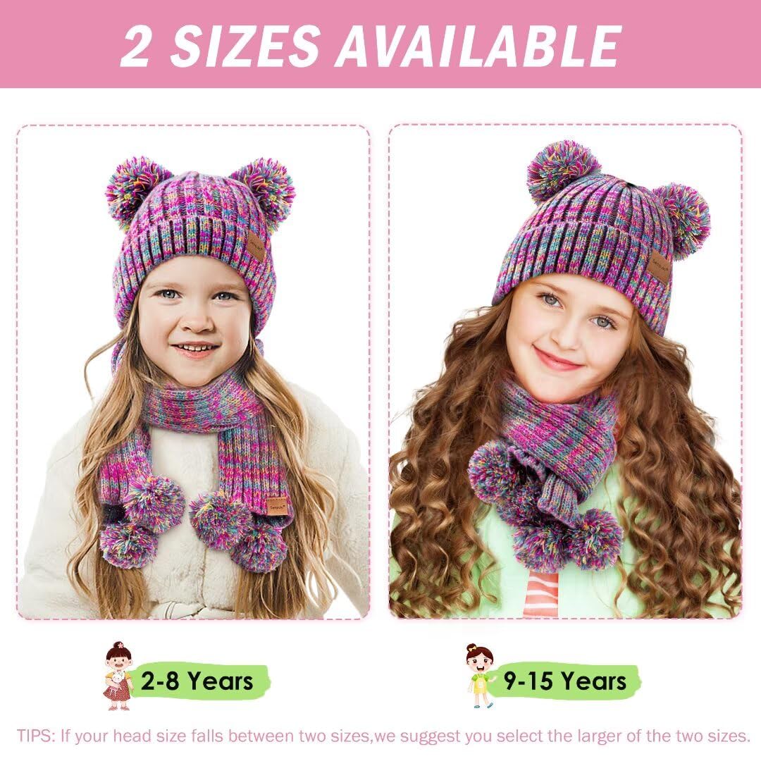 Kids Winter Hat Gloves Scarf Set, Girls Toddler Children Beanie with Pom Knit Neck Warmer Gaiter Mittens Fleece Lined Set(Rainbow Mix)