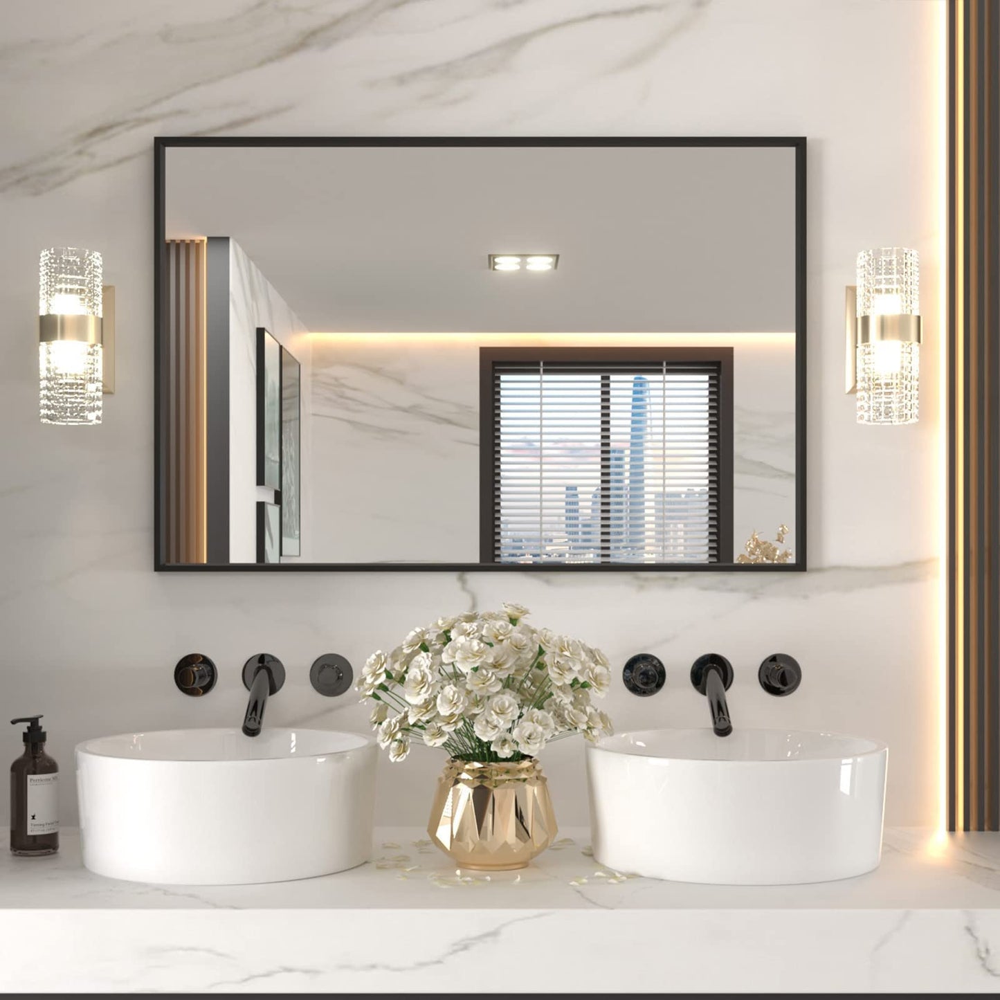 LOAAO 48"X32" Black Rectangle Bathroom Mirror Wall, Matte Black Aluminum Alloy Frame, Tempered Glass, Hangs Vertically or Horizontally, Easy to Install