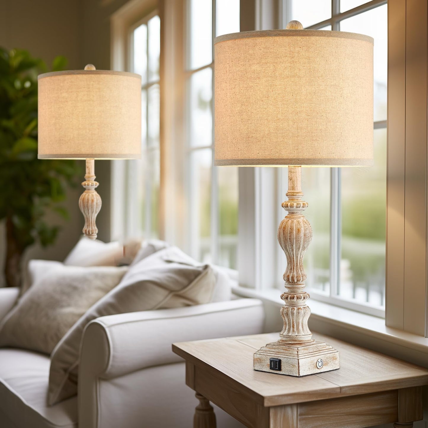 Vintage Farmhouse Table Lamp Set of 2 with USB A+C for Living Room Rustic Table Lamp 27" Tall 3-Way Dimmable Touch Bedside Lamps Traditional Bedroom Nightstand Lamps Linen Washed Antique White