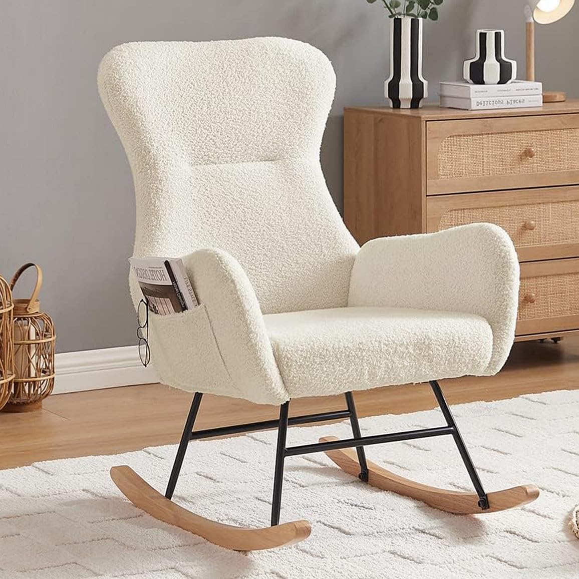 hansones Rocking Chair Nursery,Modern Accent Rocking Chair,Upholstered Nursery Glider Rocker for Baby,Rocking Chair Indoor for Living Room/Bedroom/Nursery(Cream White Teddy Fabric)