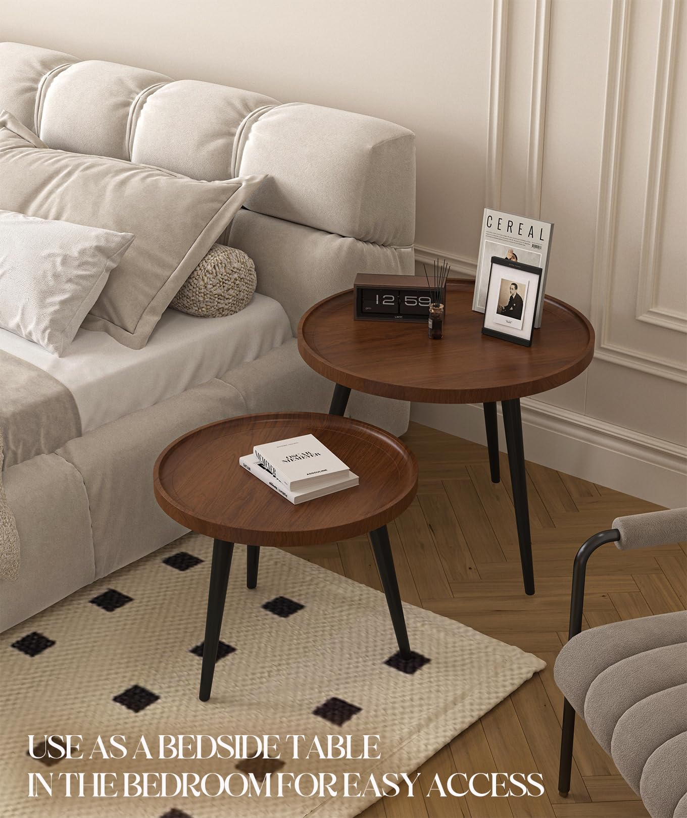 IKSII 2-Piece Set Modern Round Coffee Tables for Living Room,Easy Assembly Nesting Coffee Tables for Small Space,Brown Walnut Color Circle Side Tea Tables for Bedroom Office Balcony Yard