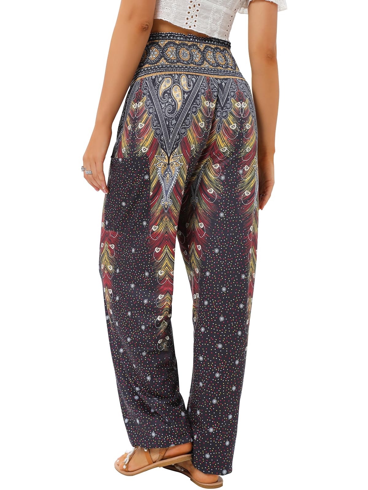 QIANXIZHAN Women's Harem Pants, High Waist Yoga Boho Trousers with Pockets Black Flower M