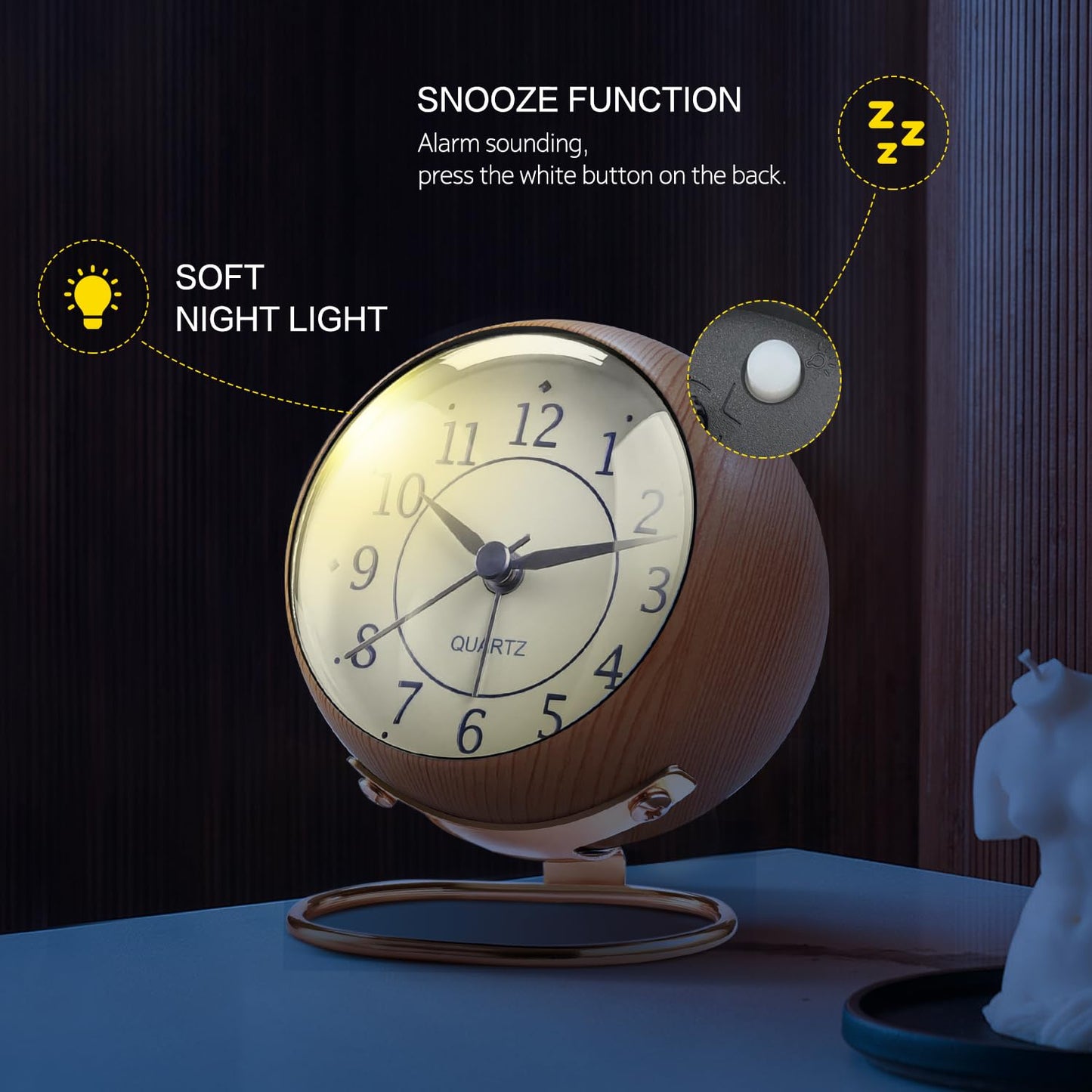 Tetino Small Clock,Alarm Clocks with Snooze Night Light,Battery Operated,no Ticking Sound,for Bedroom,Living Room,Kitchen,Cupboard,Desk,Shelf,Office,Decor,Retro Analog Clocks. (Light Colour)