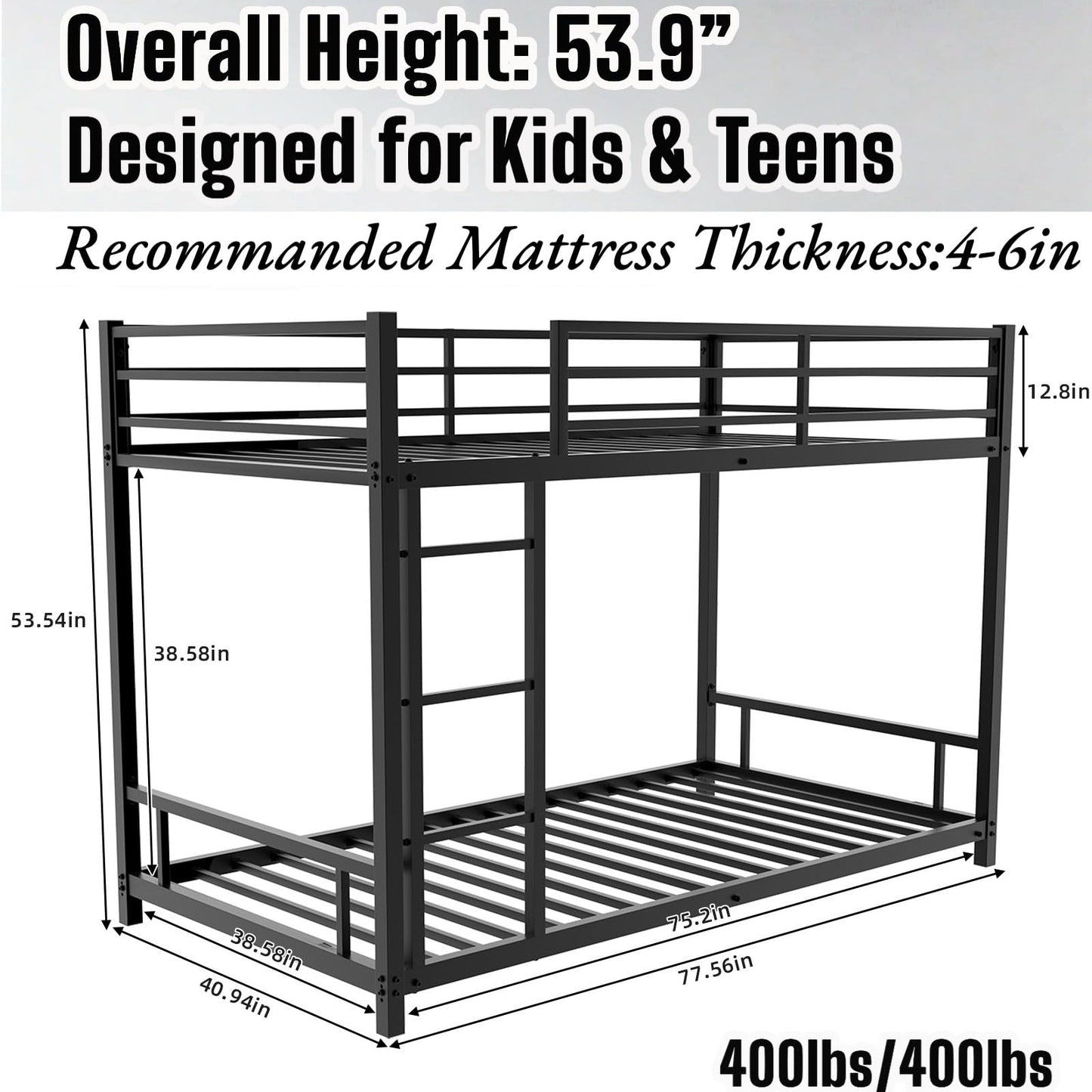 Havora Heavy-Duty Metal Twin Over Twin Bunk Bed Frame, Low 53.9” Quiet Steel Design for Kids & Teens, 400 lbs Each Bunk with 12.8” Full-Length Guardrails, Wide Ladder, No Box Spring Needed, Black