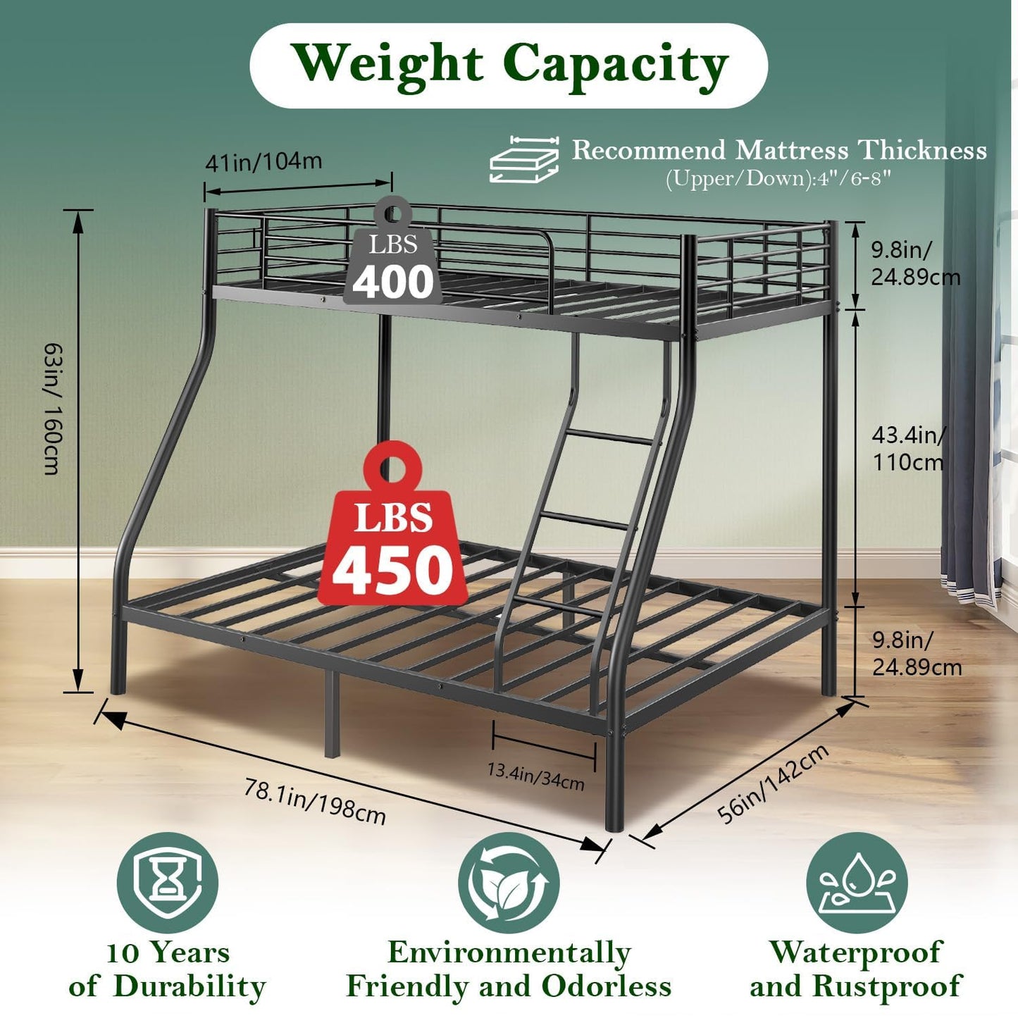 Cyranture Bunk Beds Twin Over Full Size, Heavy Duty Bunk Beds with Bottom Space & Guardrail Metal Bunk Bed Frame for Adults Dorm Bedroom Guest Room, No Box Spring Needed(Upgrate Black)