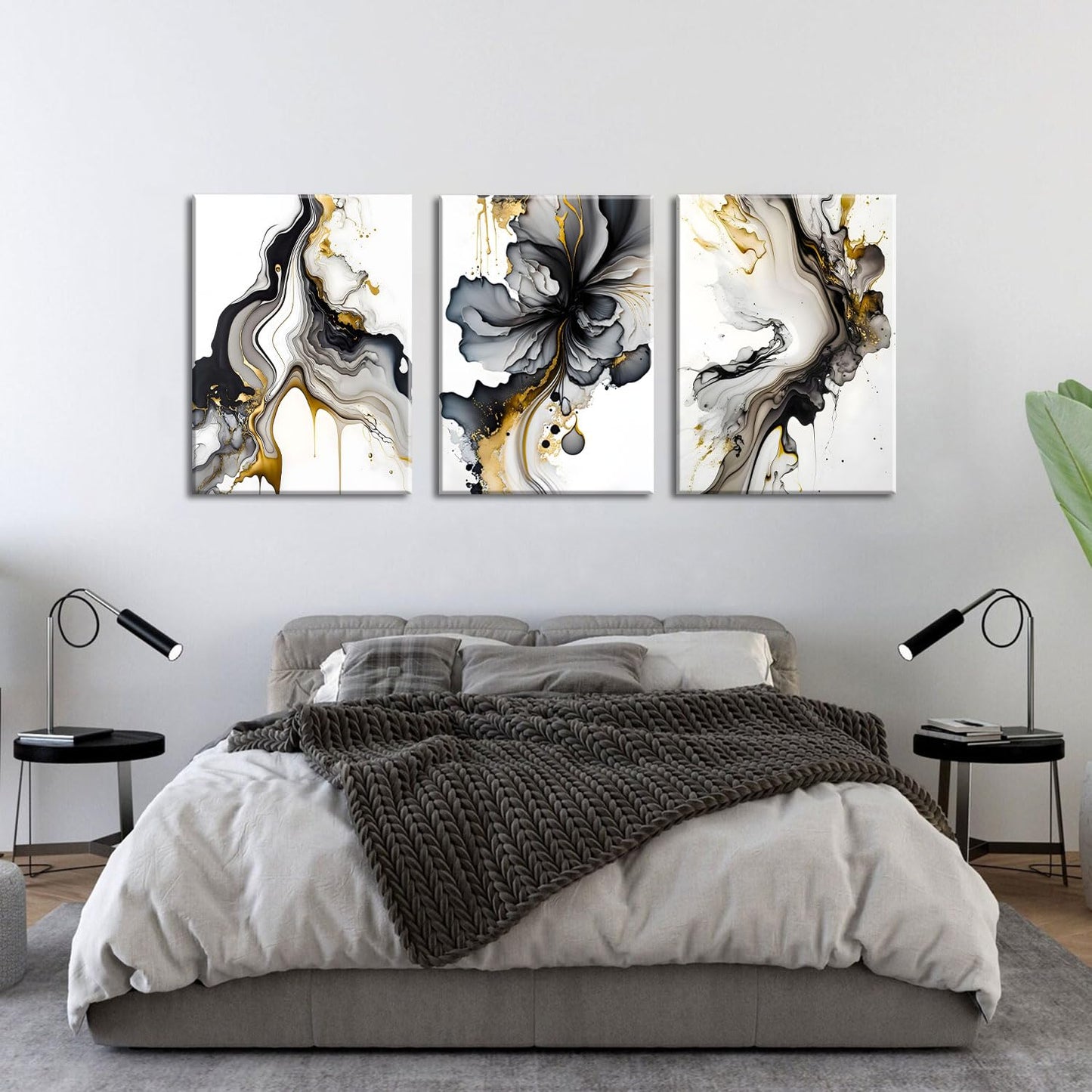 3Pcs Framed Black and Gold Abstract Wall Art, Modern Grey and Gold Marble Fluid Canvas Wall Art Prints Posters Wall Decor Pictures for Living Room Bedroom Office Home Decoration,Ready to hang