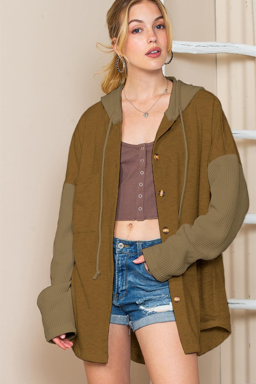 SHEWIN Women's Oversized Sweatshirts for Women Loose Fit Casual Long Sleeve Button Lightweight Hoodies Fall Outfits Women Trendy,US 4-6(S),Brown