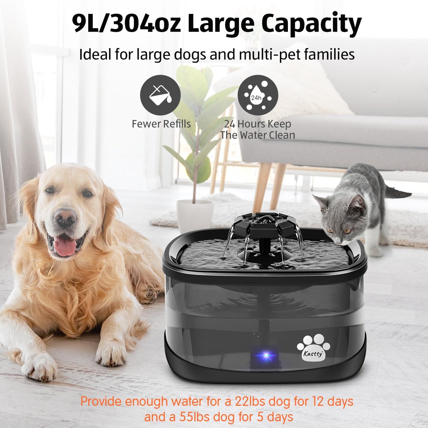 Kastty 2.5Gal/9.5L Dog Water Fountain Extra Large Pet Cat Fountain with 3 Flow Modes& Super Large Filtration& Safe Smart 3 in 1 Colorful LED Pump, BPA-Free, Quiet, Ideal for Large Dogs& Multi Pet