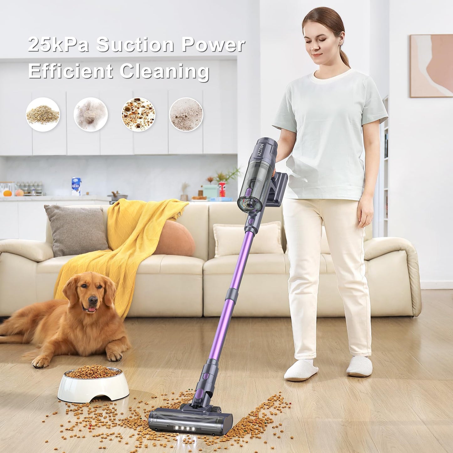 MIUZZY Cordless Vacuum Cleaner, 25Kpa Brushless Vacuum Cleaner with Touch Screen, Up to 50 Mins Runtime, Lightweight Vacuum for Carpet, Home Hardwood Floor and Pet Hair