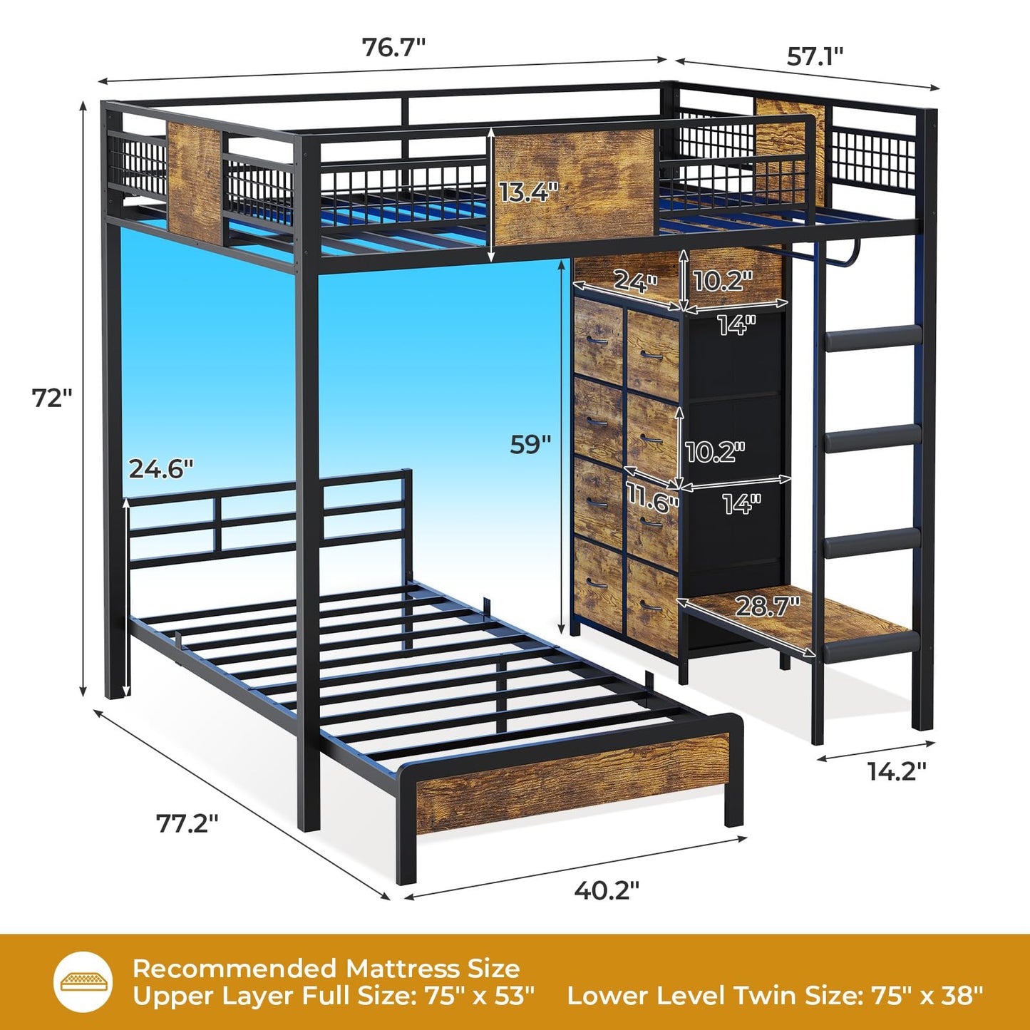 ADORNEVE Full Over Twin Bunk Bed with 8 Storage Drawers, Metal Loft Bed with Led Lights & Storage Shelves, Bunk Beds Twin over Full Size with 13.4" H Safety Guardrail & Ladder, for Kids & Teens, Black