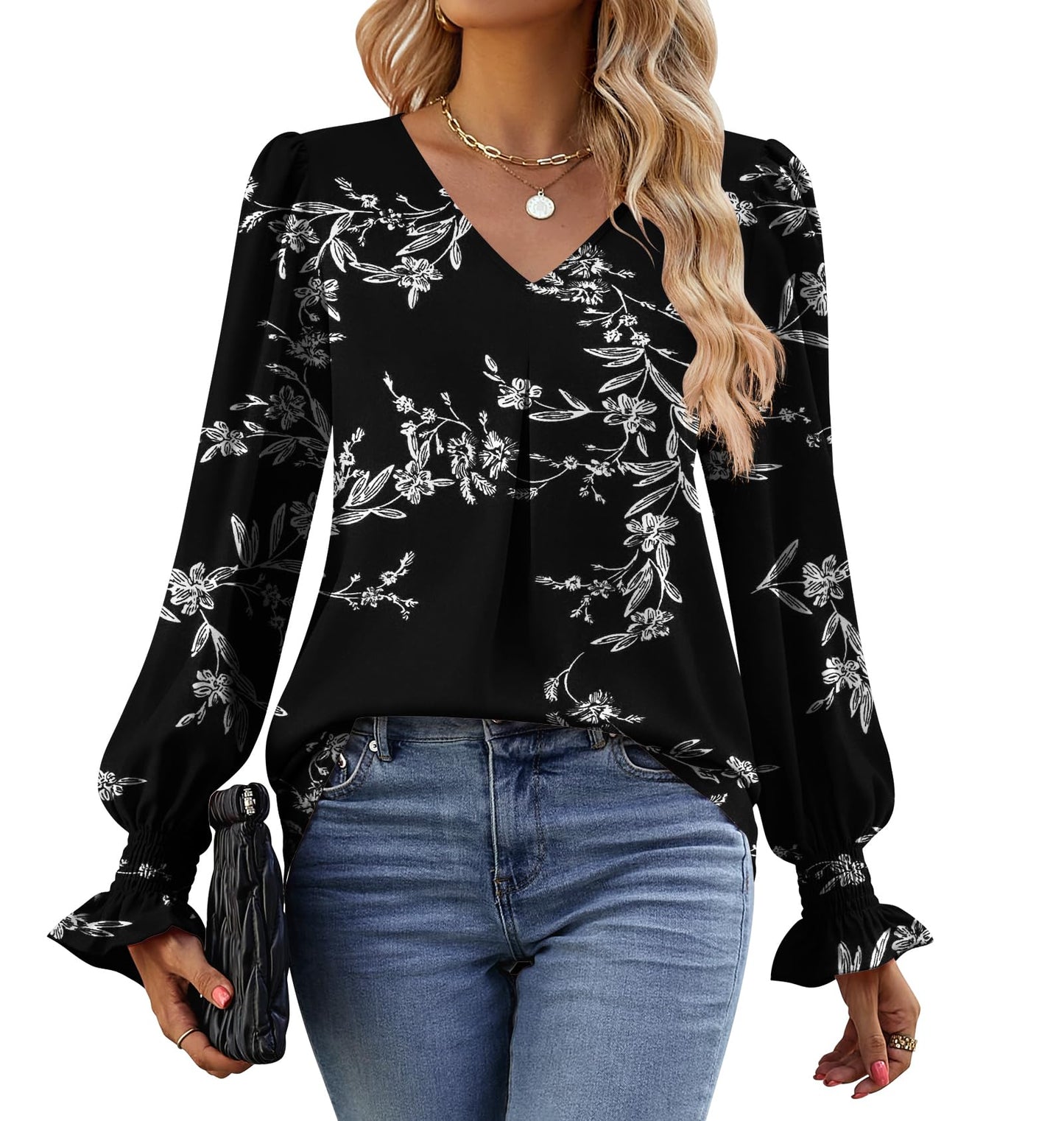 Funlingo Womens Tops Long Sleeve V Neck Shirts Chiffon Business Tunic Blouse Work Casual Clothes Black White Floral Large