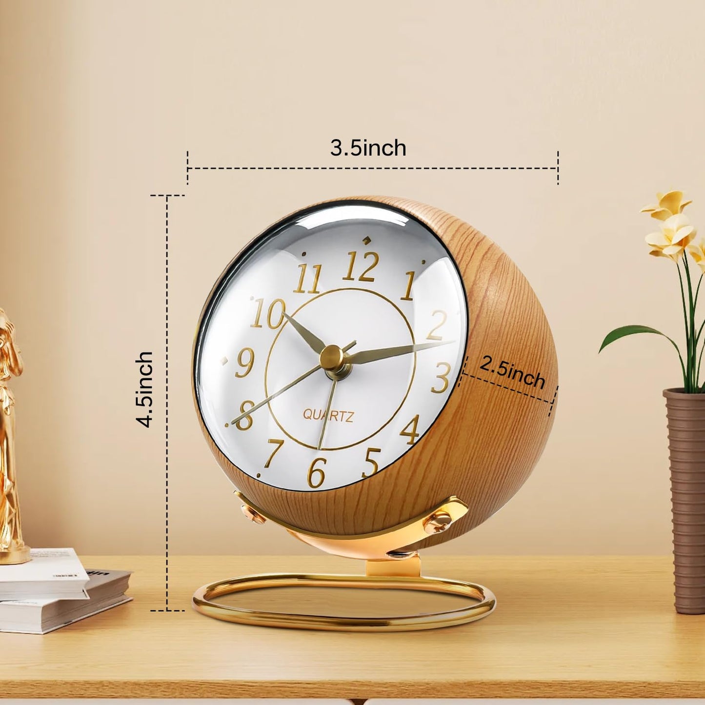 Tetino Small Clock,Alarm Clocks with Snooze Night Light,Battery Operated,no Ticking Sound,for Bedroom,Living Room,Kitchen,Cupboard,Desk,Shelf,Office,Decor,Retro Analog Clocks. (Light Colour)