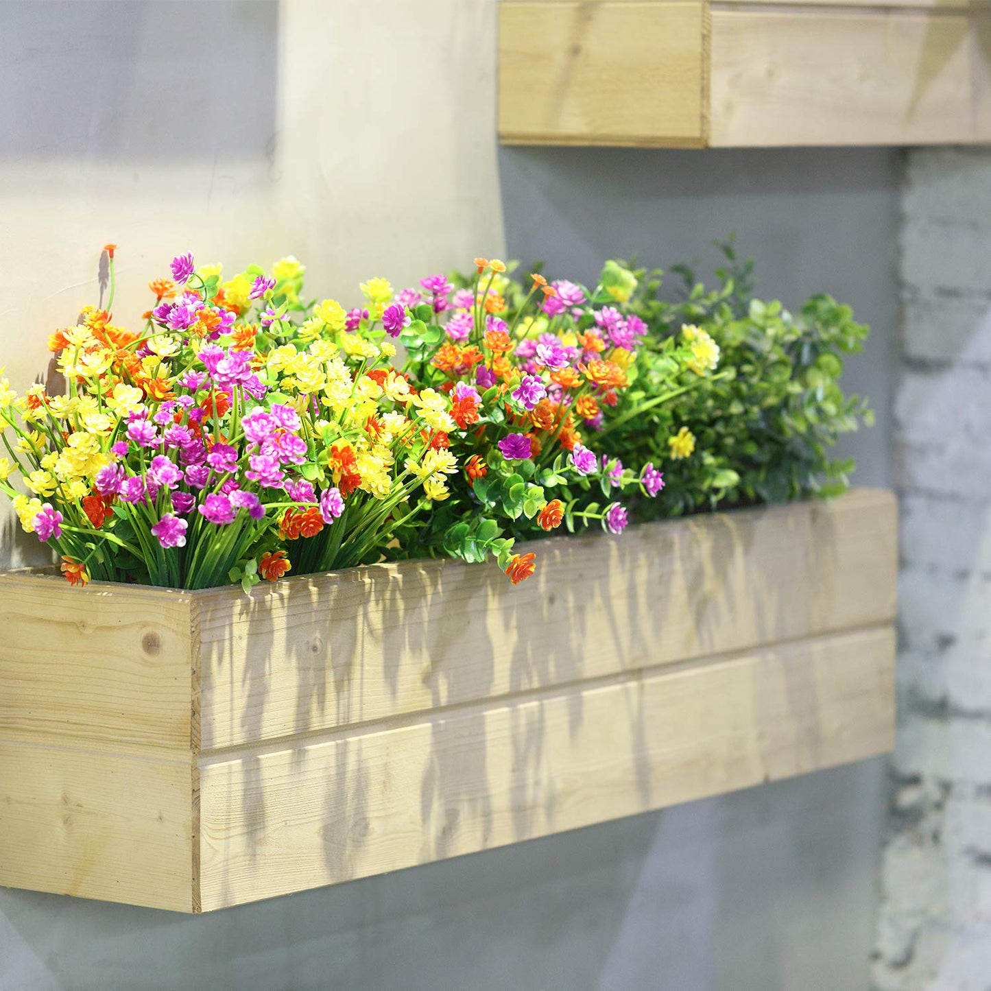 12 Bundles Artificial Flowers Outdoor, UV Resistant Faux Artificial Plants Shrubs Plastic Flower Bulk for Hanging Planter Porch Window Home Wedding Fall Summer Decor (Yellow, Orange, Fuchsia)