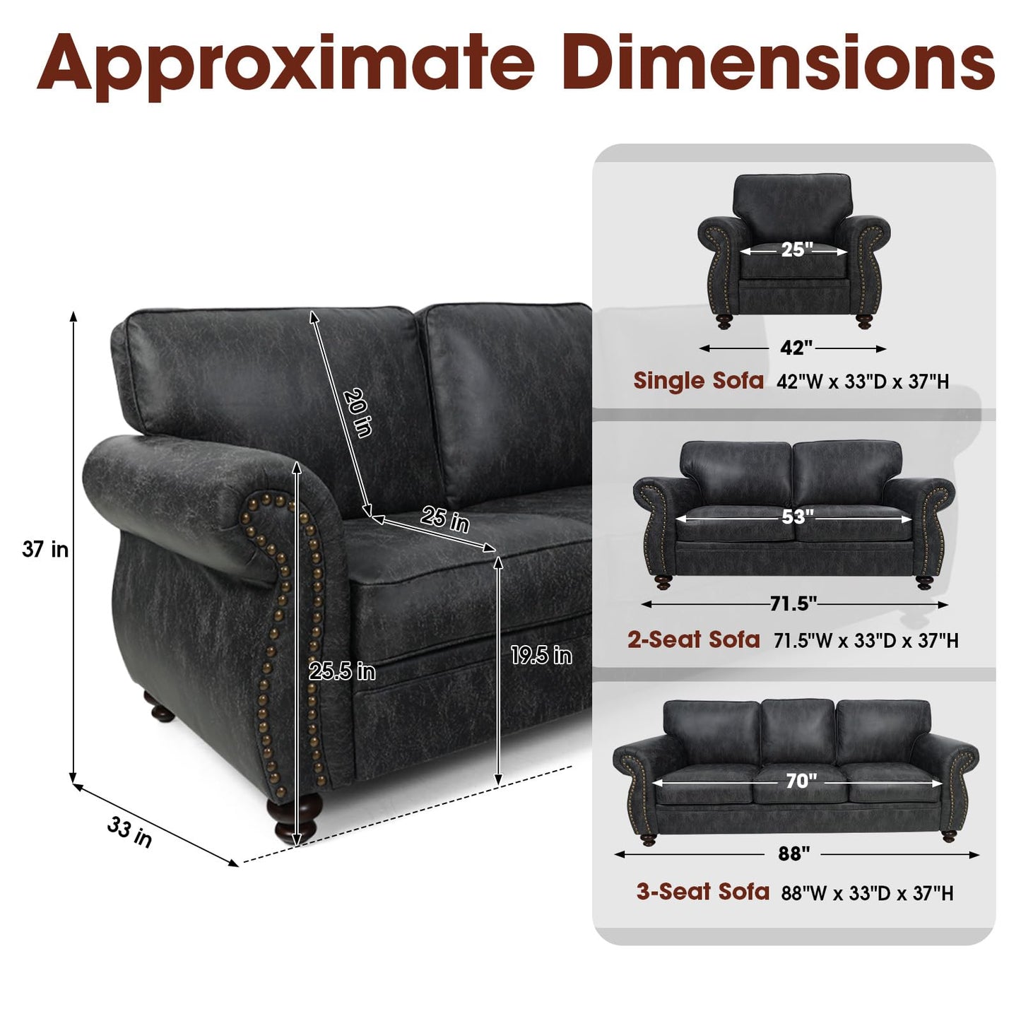 Couchus Living Room Furniture Sets,Sofa Sets and Couch Sets for Living Room,Mid-Century Vintage Sofa Couches with Rivet Design (Grey, Loveseat+3 Seater)