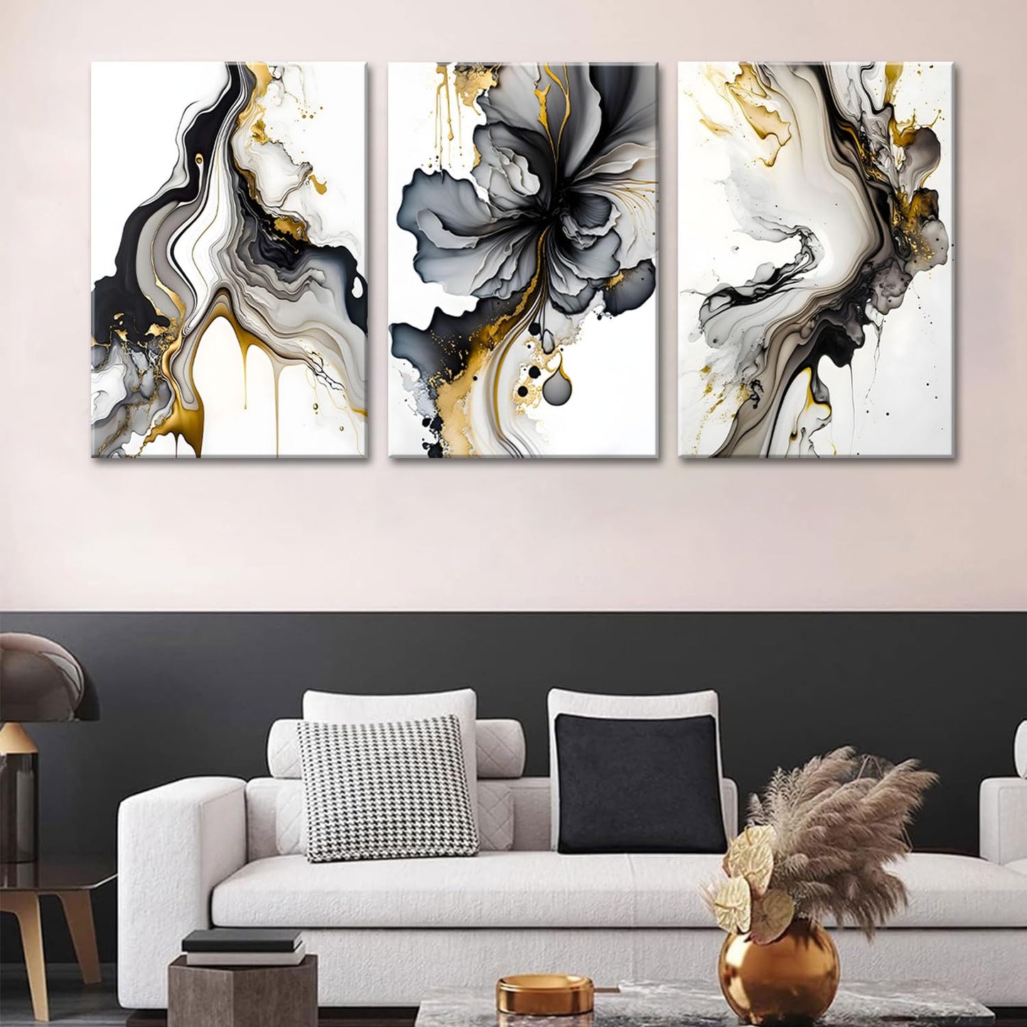 3Pcs Framed Black and Gold Abstract Wall Art, Modern Grey and Gold Marble Fluid Canvas Wall Art Prints Posters Wall Decor Pictures for Living Room Bedroom Office Home Decoration,Ready to hang