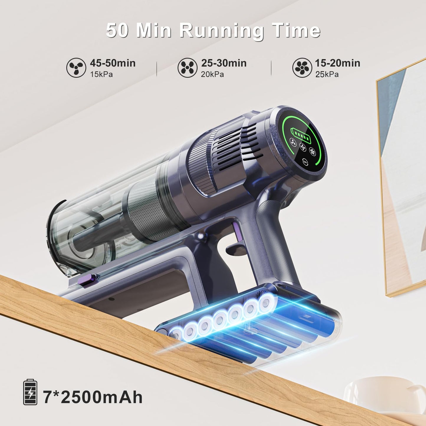 MIUZZY Cordless Vacuum Cleaner, 25Kpa Brushless Vacuum Cleaner with Touch Screen, Up to 50 Mins Runtime, Lightweight Vacuum for Carpet, Home Hardwood Floor and Pet Hair