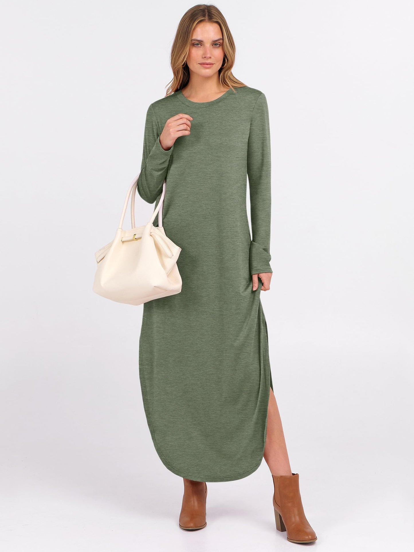 ANRABESS Women's Long Sleeve Maxi Dresses 2025 Fall Outfits Casual Loose Split Travel Vacation T Shirt Dress with Pockets Sage Green Large