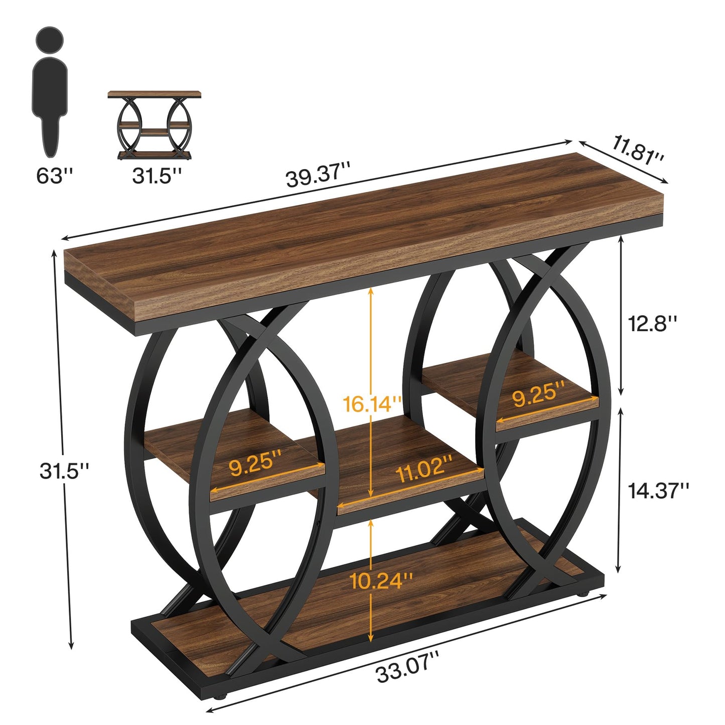 Tribesigns 39.4" Console Table, Industrial 4-Tier Sofa Table Entryway Table with Storage Shelves, Narrow Wood Accent Tables with Metal Frame for Small Spaces, Hallway, Foyer, Rustic Brown