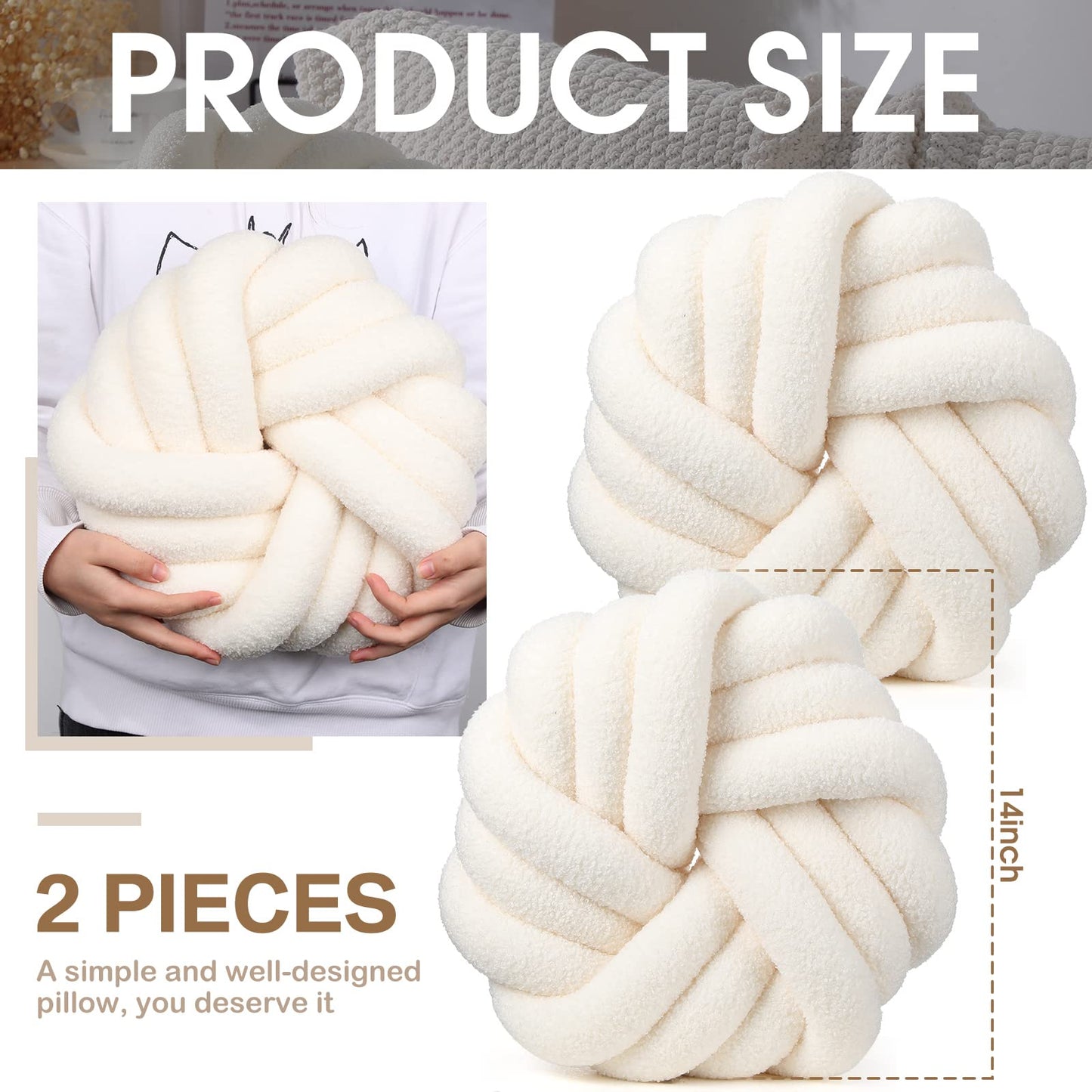 Marsui 2 Pieces Knot Ball Pillows 14 x 14 Inch Decorative Pillow for Couch Bedroom Plush Throw Knot Pillow Soft Handmade Chair Cushion for Living Room Car Decorations(Beige)