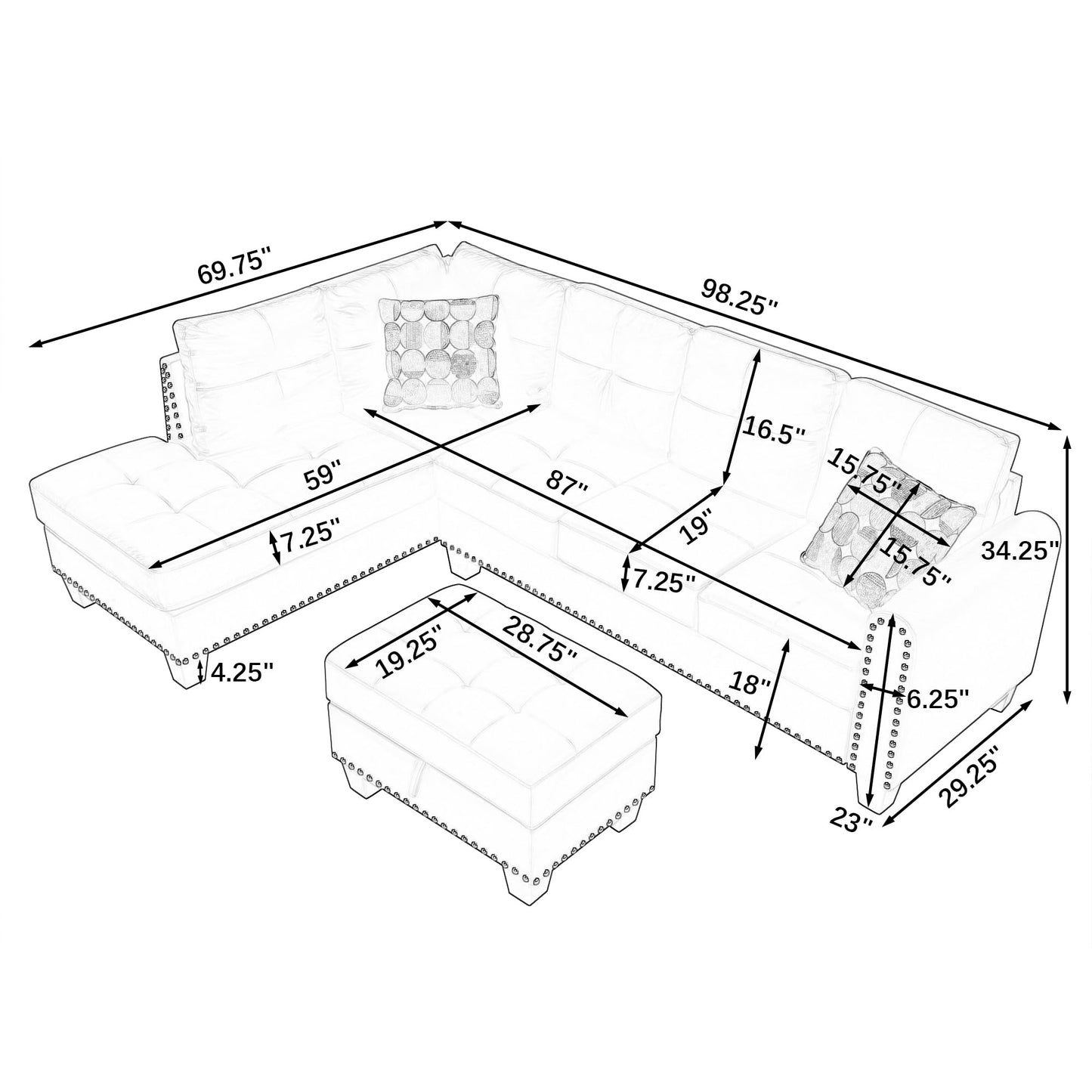 HBRR 3-Piece Sectional Couch Set L Shape 98" Wide Sofa for Living 2 Cup Holders and Storage Ottoman for Home Furniture Room Decor, Black