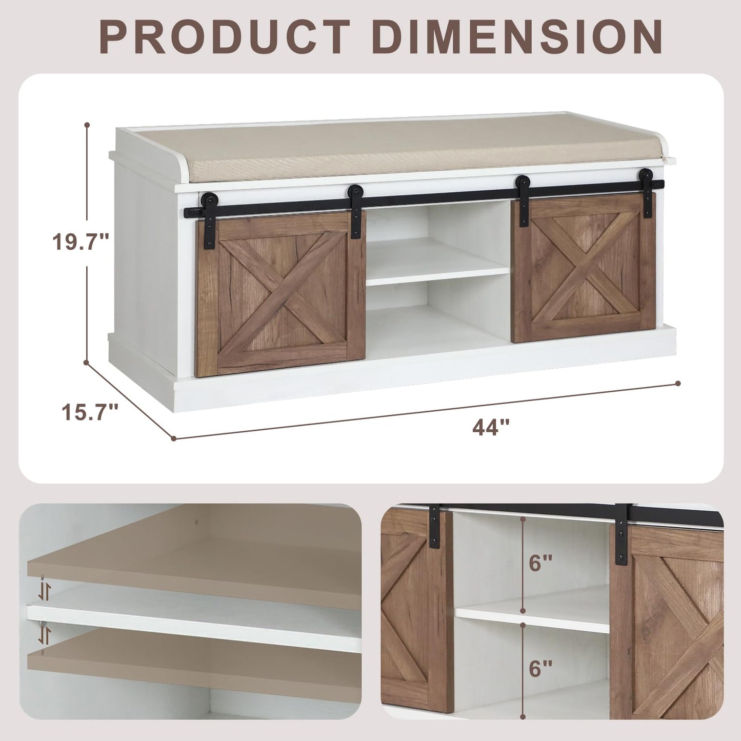 GORZING 2-Tier Shoe Storage Bench,43" Wooden Shoe Cabinet with Sliding Doors,Length Shoe Bench with Adjustable Shelves,Storage Bench for Entryway,Hallway,Bedroom