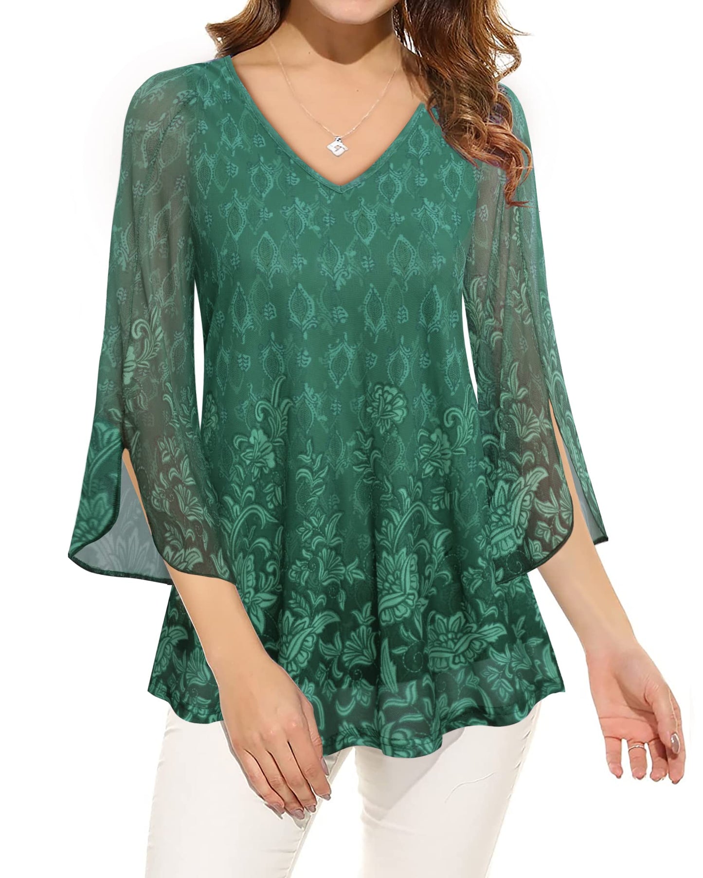 Bebonnie Dressy Tops for Evening Wear & Work - 3/4 Bell Sleeve Business Casual Outfits, Sheer Blouses & Tunic Tops for Leggings - Multi Green L