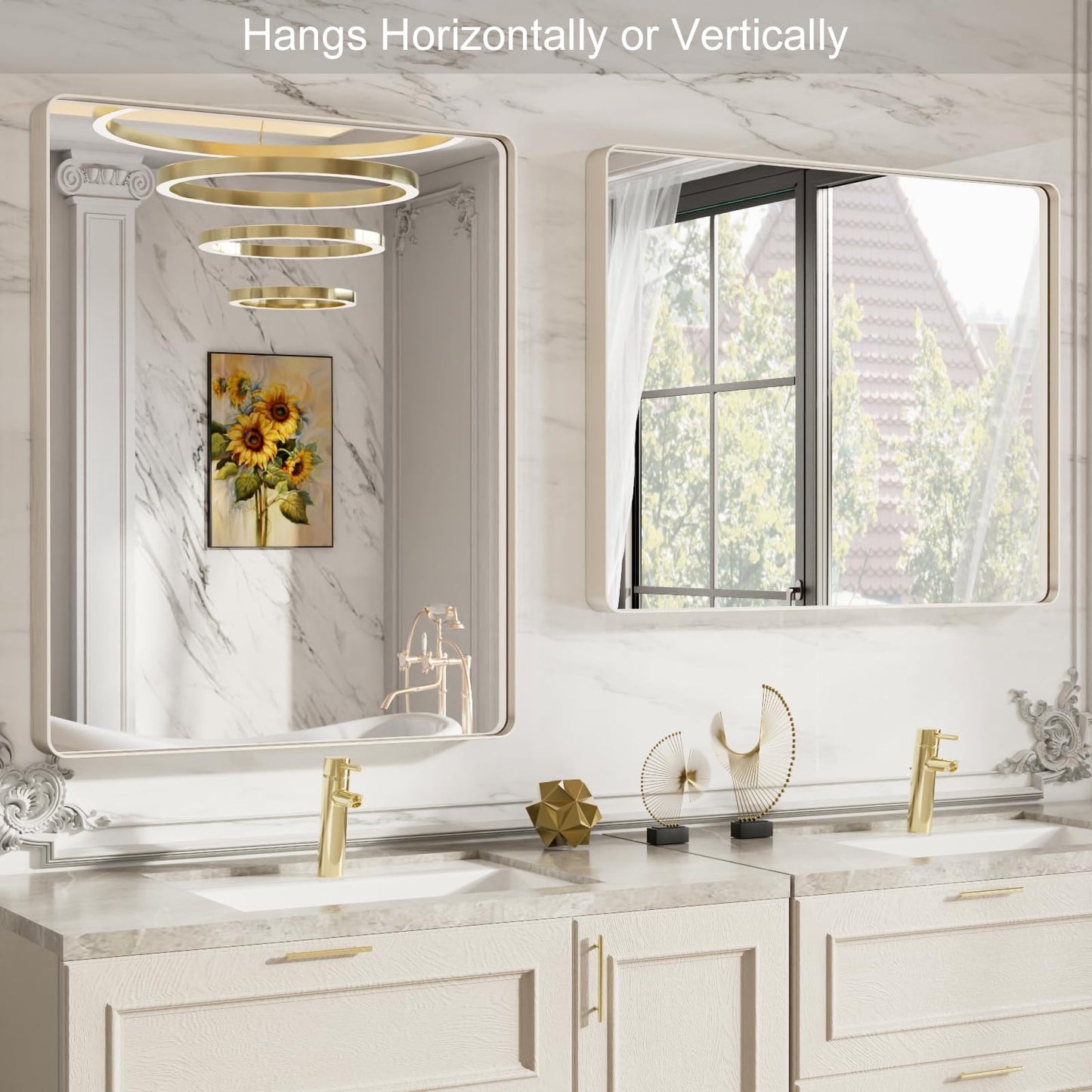 LOAAO 22X30 Inch Brushed Nickel Bathroom Mirror, Rounded Rectangle Silver Metal Frame Mirror, Brushed Nickel, Anti-Rust, Hangs Horizontally or Vertically