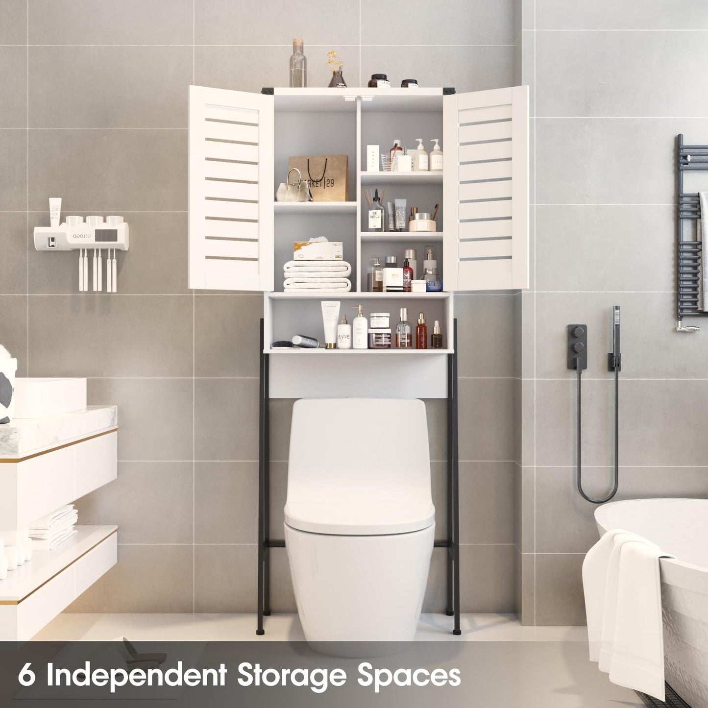 Saedew Over Toilet Storage Cabinet with 2-Door Blinds, Freestanding Space Saver with Organizer, White