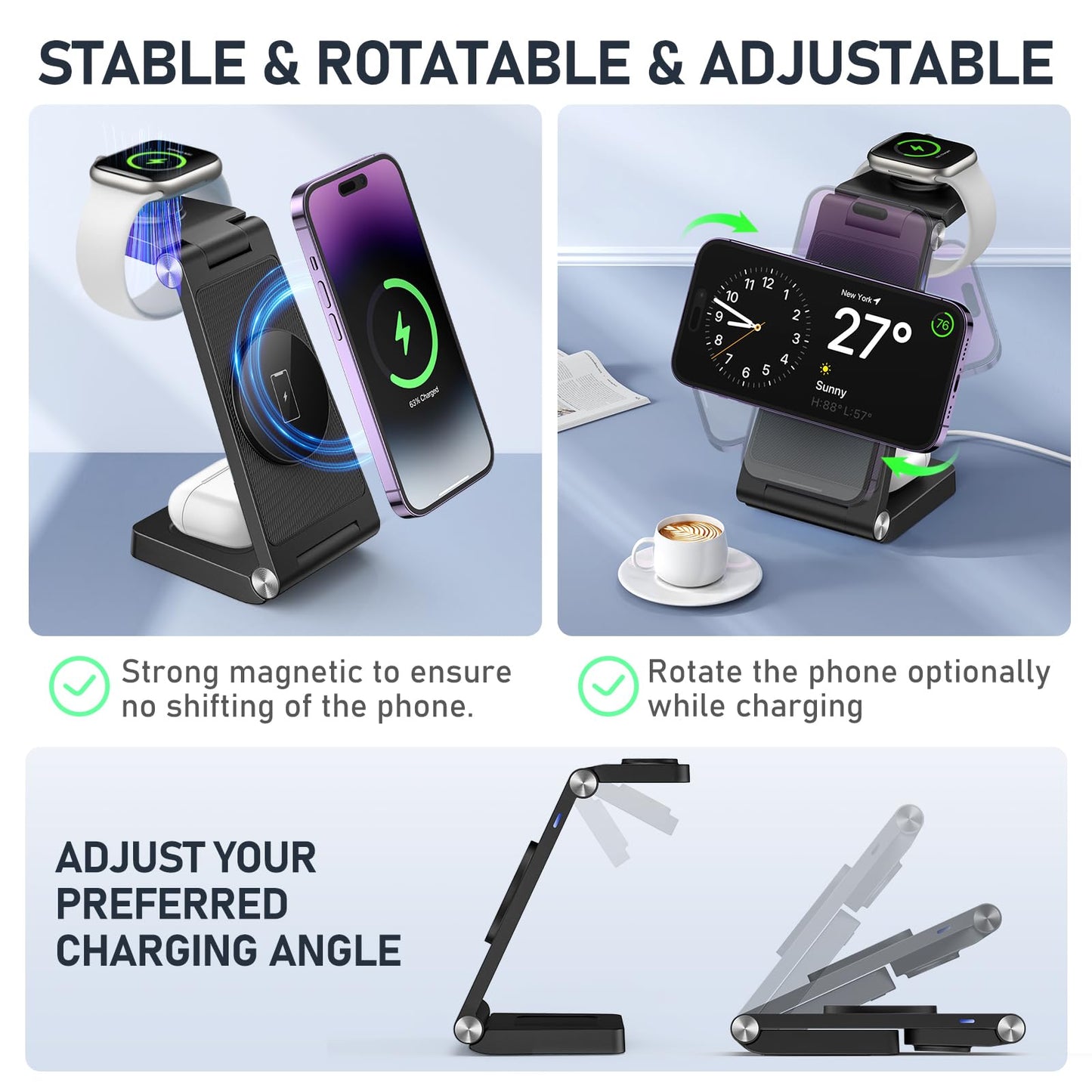 GEJIUCAI Magnetic Wireless Charger Stand, 3 in 1 Foldable Wireless Charging Station, Travel Charger for Multiple Devices for iPhone 15 14 13 12 Series, Apple Watch Ultra/SE/9/8/7/6/5/4/3/2, AirPods