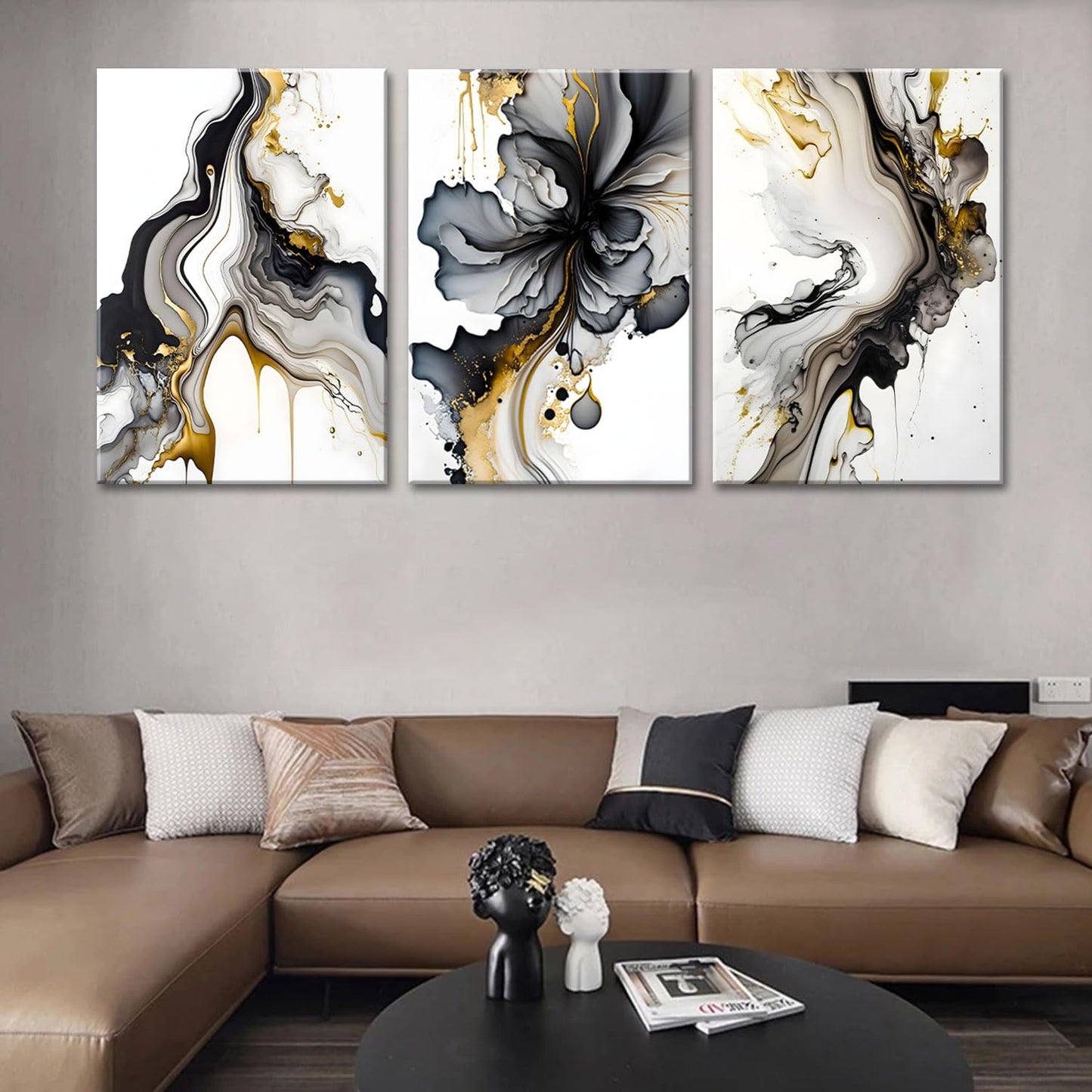 3Pcs Framed Black and Gold Abstract Wall Art, Modern Grey and Gold Marble Fluid Canvas Wall Art Prints Posters Wall Decor Pictures for Living Room Bedroom Office Home Decoration,Ready to hang