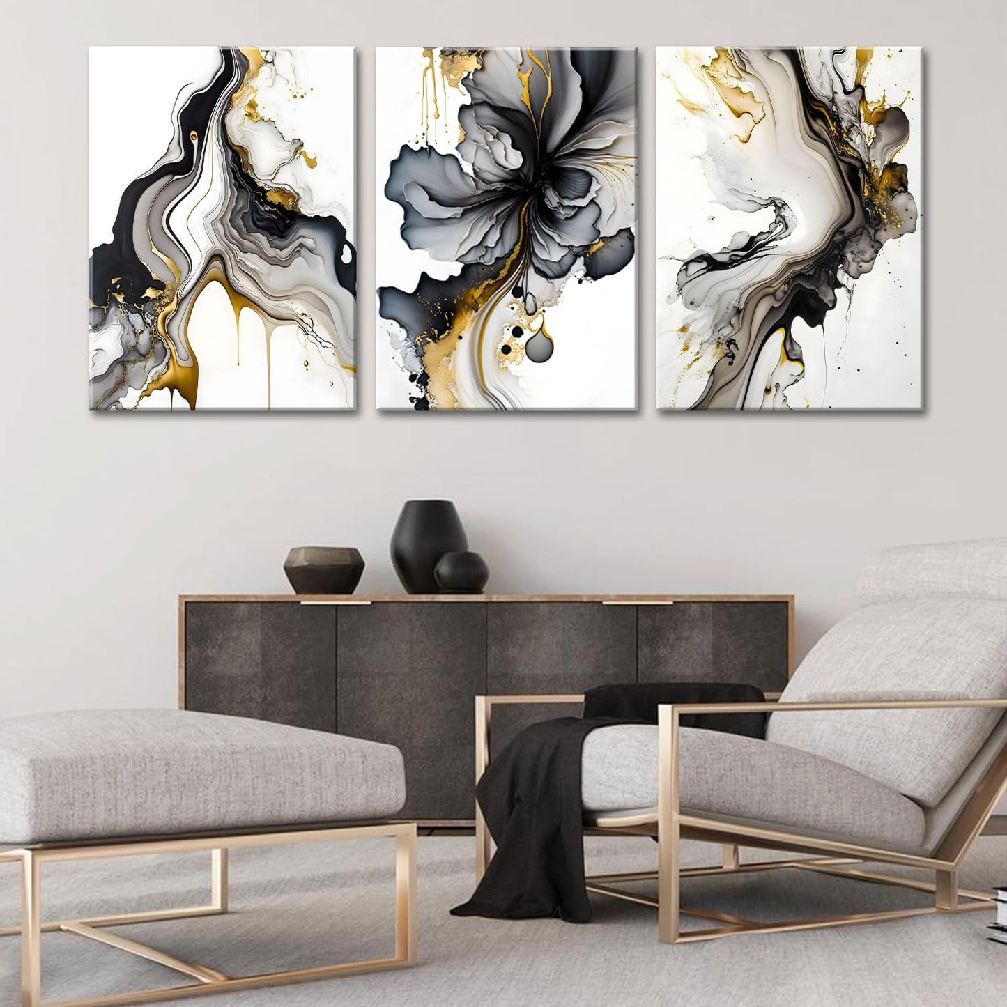 3Pcs Framed Black and Gold Abstract Wall Art, Modern Grey and Gold Marble Fluid Canvas Wall Art Prints Posters Wall Decor Pictures for Living Room Bedroom Office Home Decoration,Ready to hang